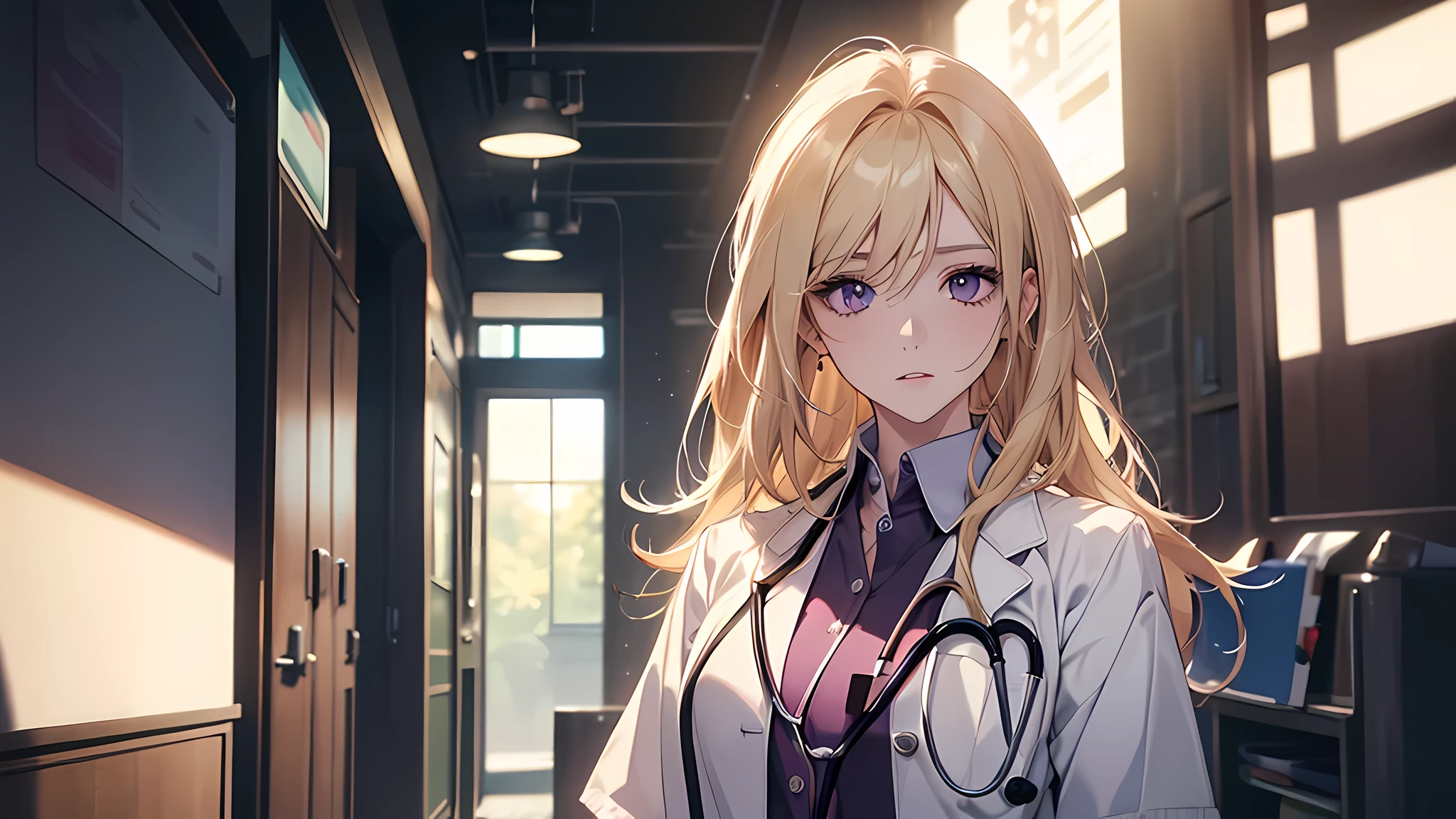 Photorealistic beautiful doctor、stunningly beautiful、doctors white coat, Collared shirt、(top-quality、8K、32K、​masterpiece、nffsw:1.3)、超A high resolution,(Photorealsitic:1.4),Raw photography, Detailed face,long straight blonde hair, ((Doctor Style)), Purple surgical uniform,Natural makeup,small breasts,inside hospital, Detailed background, Perfect Lighting, depth of fields, Beautiful shadow gradient,stethoscope ,
