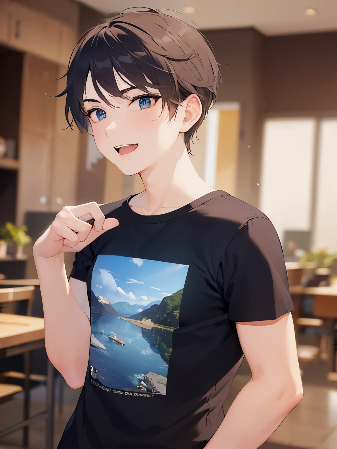 (looking away:1.5), side angle, masterpiece、high quality、(25 year old man with short brown hair and blue eyes:1.5), wearing a black T-shirt、(Alone:1.5)、(smile:1.3), open mouth, (Only the upper body is visible.:1.3)、be in the living room、Are standing