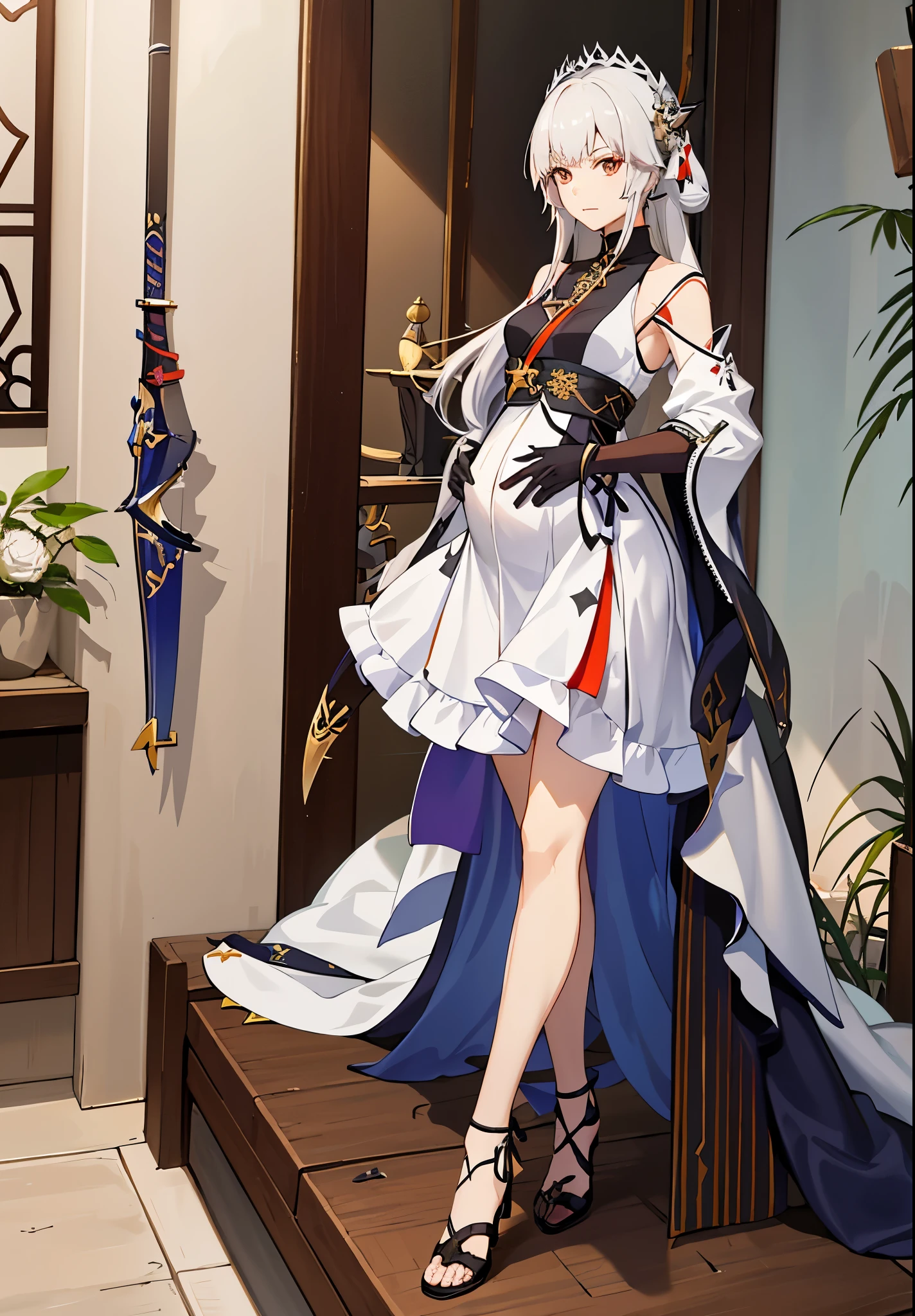 a woman in a dress holding a dagger and a dagger, video game character, from arknights, fox nobushi holding a dagger, hajime yatate, keqing from genshin impact, white haired deity, with small sword, ayaka genshin impact, female action anime girl, official character art, anime character, pregnant anime girl, fetus