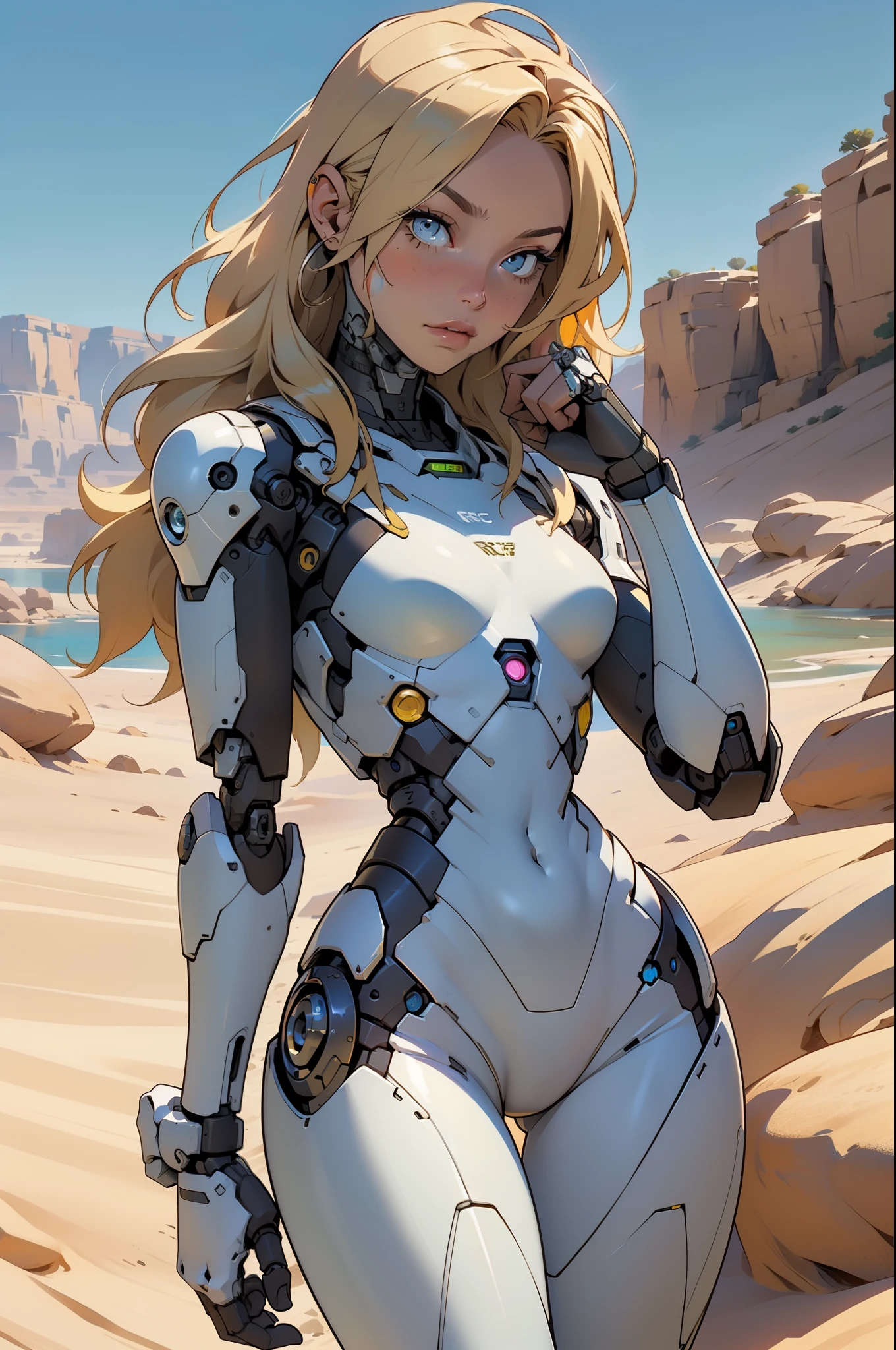 high quality, 4k, masterpiece, beautiful, cyborg girl, cowboy shot, dull eyes, looking at viewer, long blonde hair, girl, small breasts, slim thighs, robotic arms, robotic body, cyborg body, yellow accent, intricate detail, joint, detailed lines, robotic detail, holding fist up, holding hand up as fist, color robotic parts, robotic parts with color, perfect fingers, on a desert planet, sunny background, colorful desert, a river or a lake in the background