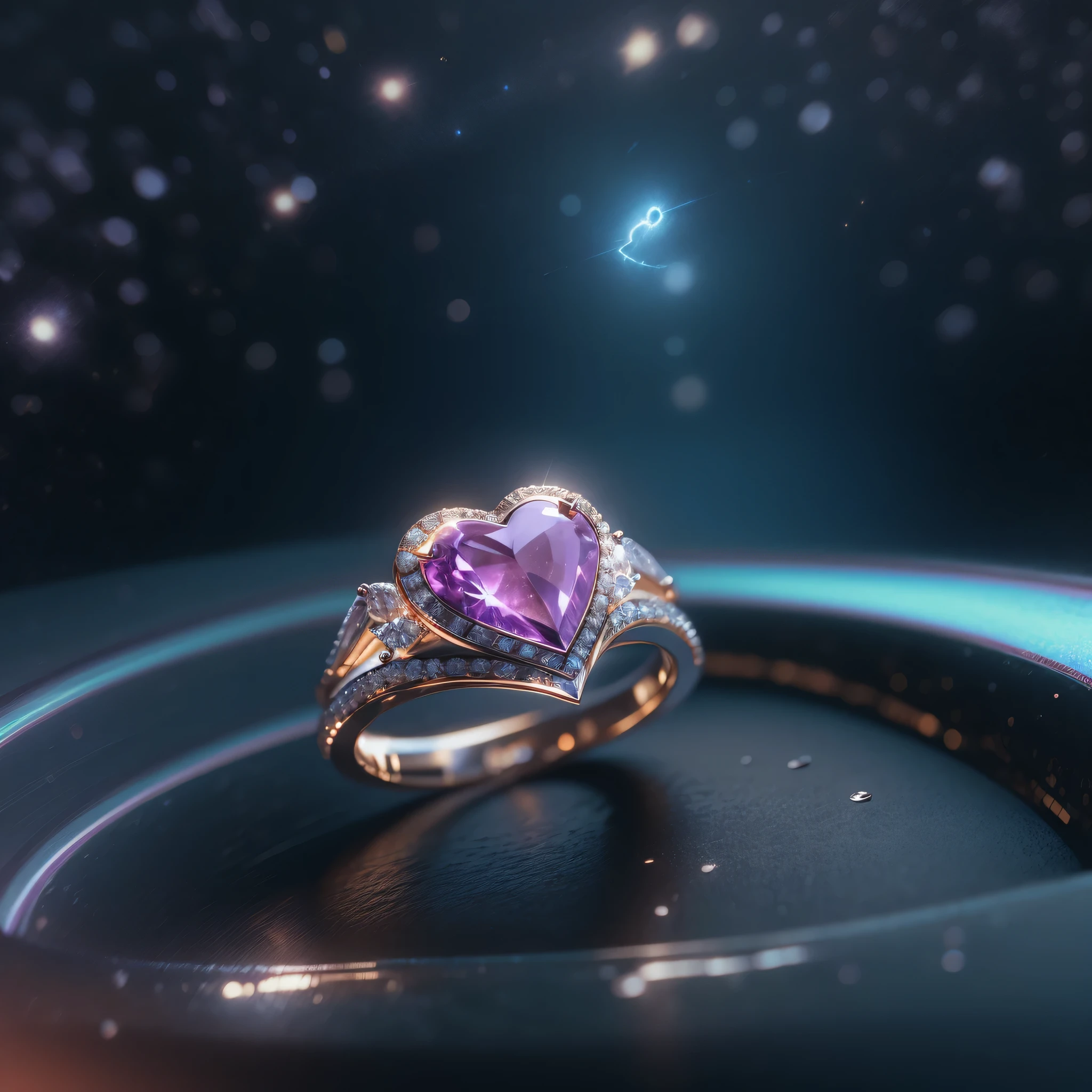 masterpiece,Best quality,ultra high resolution, contract for 8 thousand., SLR camera, High quality,(photorealistic:1.4), cinematic lighting, HDR,beautiful heart shaped diamond ring, shines with brilliance and splendor, ,Motion design,c4d,Rendering,Light and shadow, starry sky，starry sky на ринге,