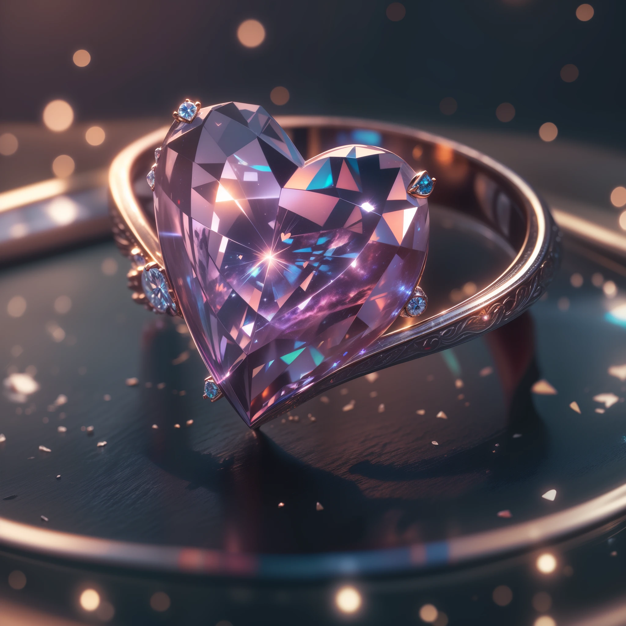 masterpiece,Best quality,ultra high resolution, 8k contract, SLR camera, High quality,(photorealistic:1.4), cinematic lighting, HDR,beautiful heart shaped diamond ring, shining with brilliance and brilliance, ,Motion design,c4d,Rendering,Light and shadow, starry sky，Starry sky in the ring,