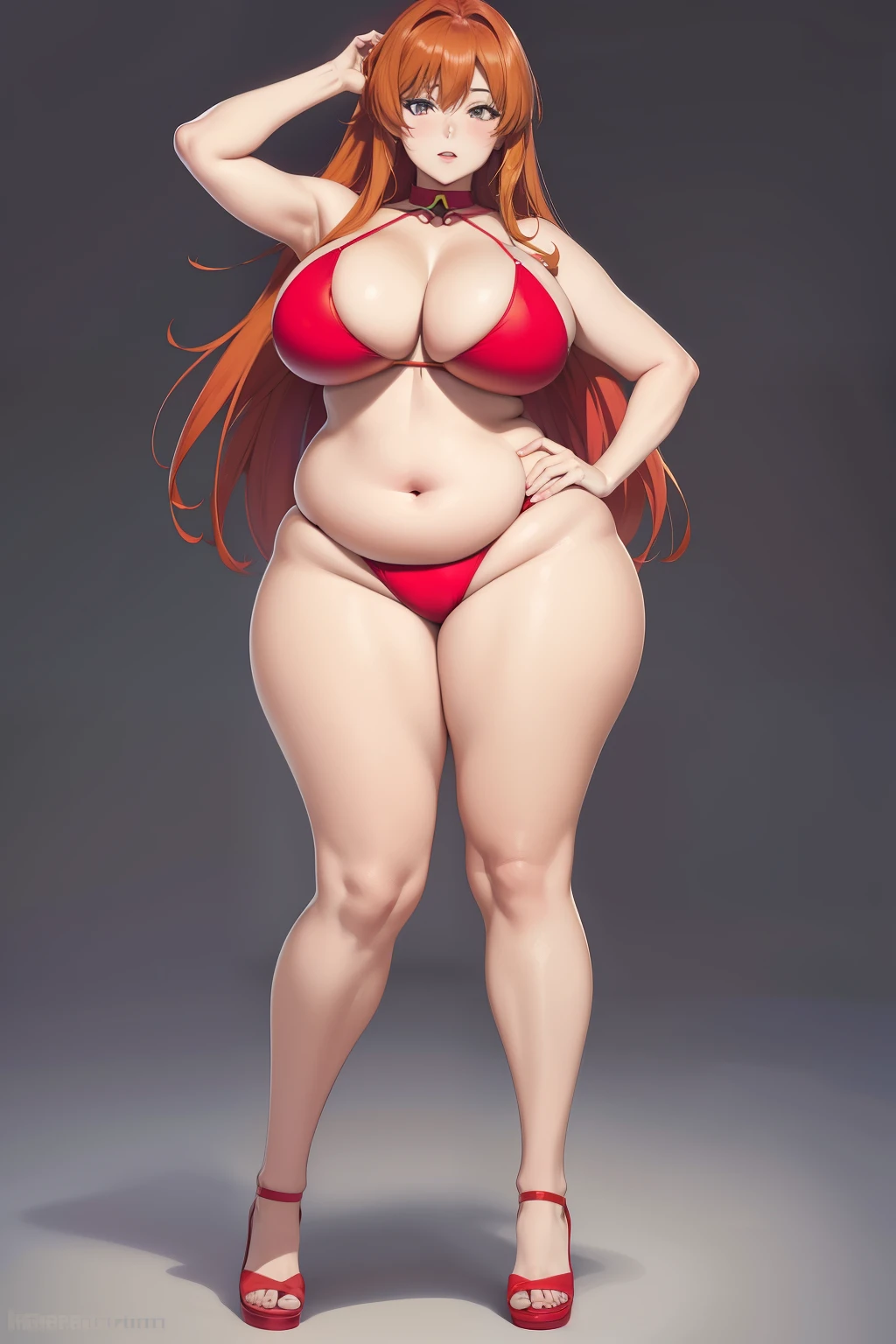 Full body portrait photo of anime bbw girl in red bikini with long hair and big breasts, very fat curvy body, wide waist and wide hips, round and beautiful face, very similar portrait of asuka langley Soryu, asuka langley, anime female characters, evangelion beautiful girl, that'Junji'Style, Asuka from Evangelion, cel shaded anime