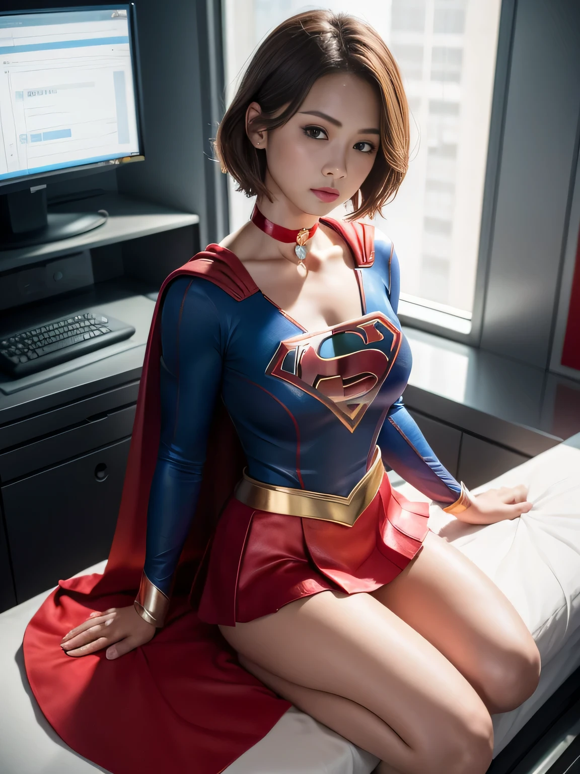 masterpiece,Supergirl costumes, short hair, barefoot, big and full breasts,operating room、operating table、straddle、damaged、shiny、look at the camera、choker、long sleeve、red mini skirt