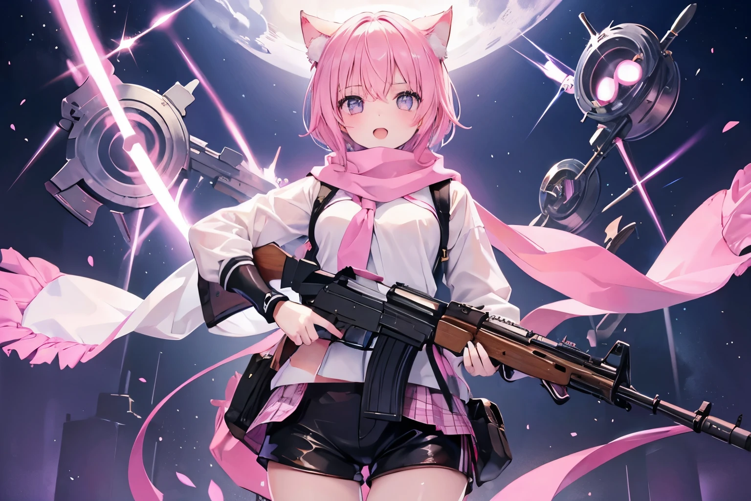 NSFW、Very beautiful and shining eyes、shining eyes、1 girl、small breasts、big mouth、high school girl、small breasts、Cat ear、Transparent pink short hair、scarf、hot pants、Near the future、neon、hold a gun、hand gun、assassin、pistol