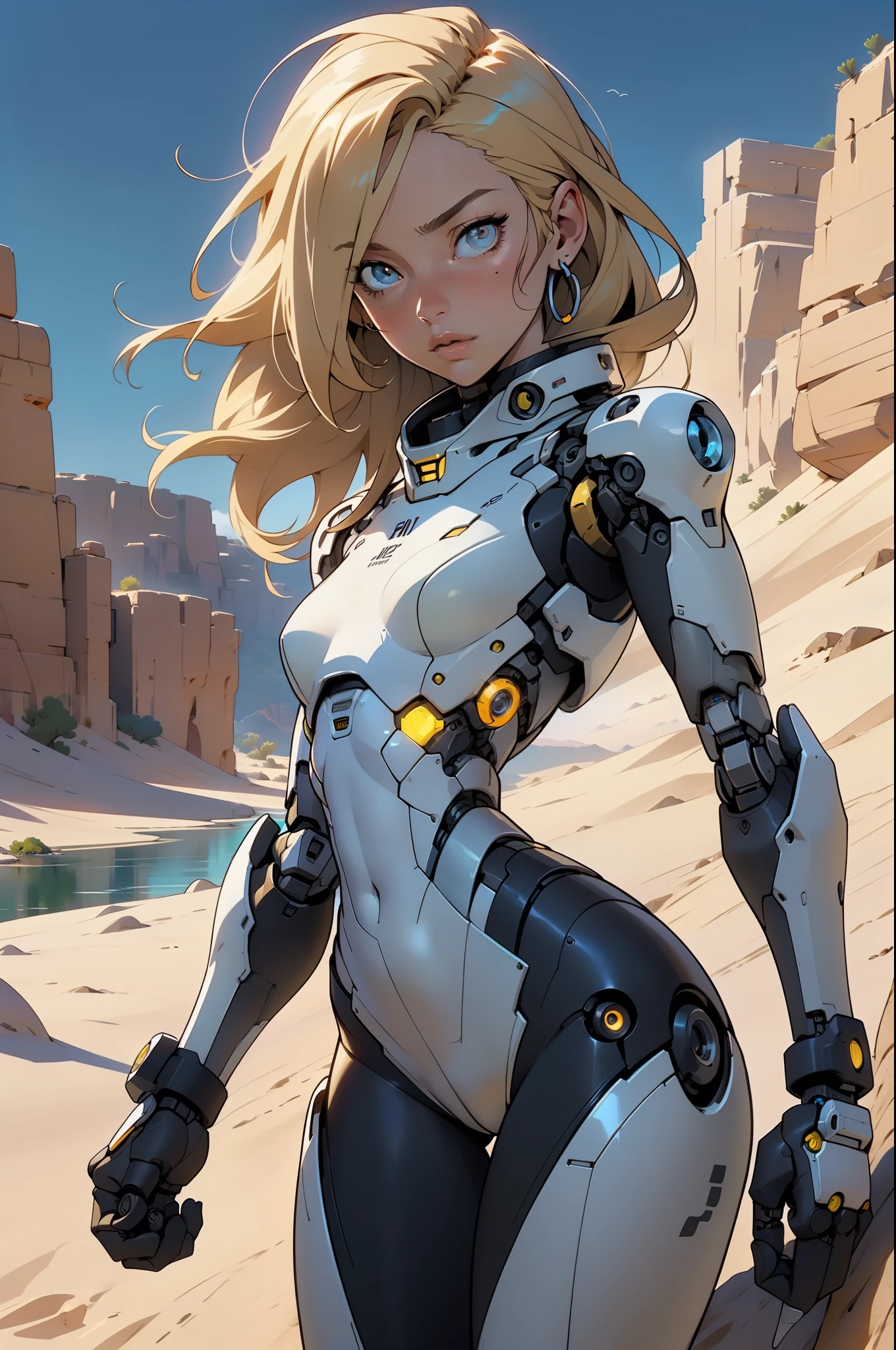 high quality, 4k, masterpiece, beautiful, cyborg girl, cowboy shot, dull eyes, looking at viewer, long blonde hair, girl, small breasts, slim thighs, robotic arms, robotic body, cyborg body, yellow accent, intricate detail, joint, detailed lines, robotic detail, holding fist up, holding hand up as fist, color robotic parts, robotic parts with color, perfect fingers, on a desert planet, sunny background, colorful desert, a river or a lake in the background