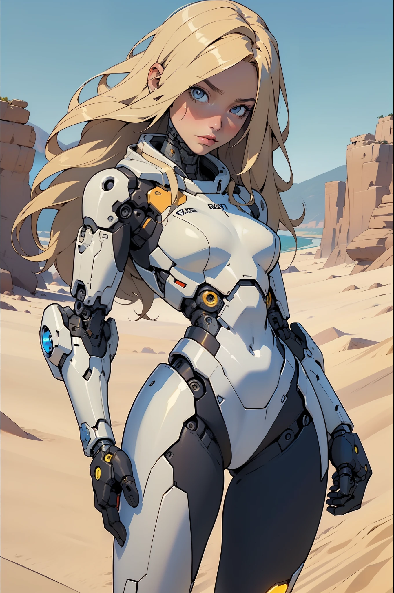 high quality, 4k, masterpiece, beautiful, cyborg girl, cowboy shot, dull eyes, looking at viewer, long blonde hair, girl, small breasts, slim thighs, robotic arms, robotic body, cyborg body, yellow accent, intricate detail, joint, detailed lines, robotic detail, holding fist up, holding hand up as fist, color robotic parts, robotic parts with color, perfect fingers, on a desert planet, sunny background, colorful desert, a river or a lake in the background