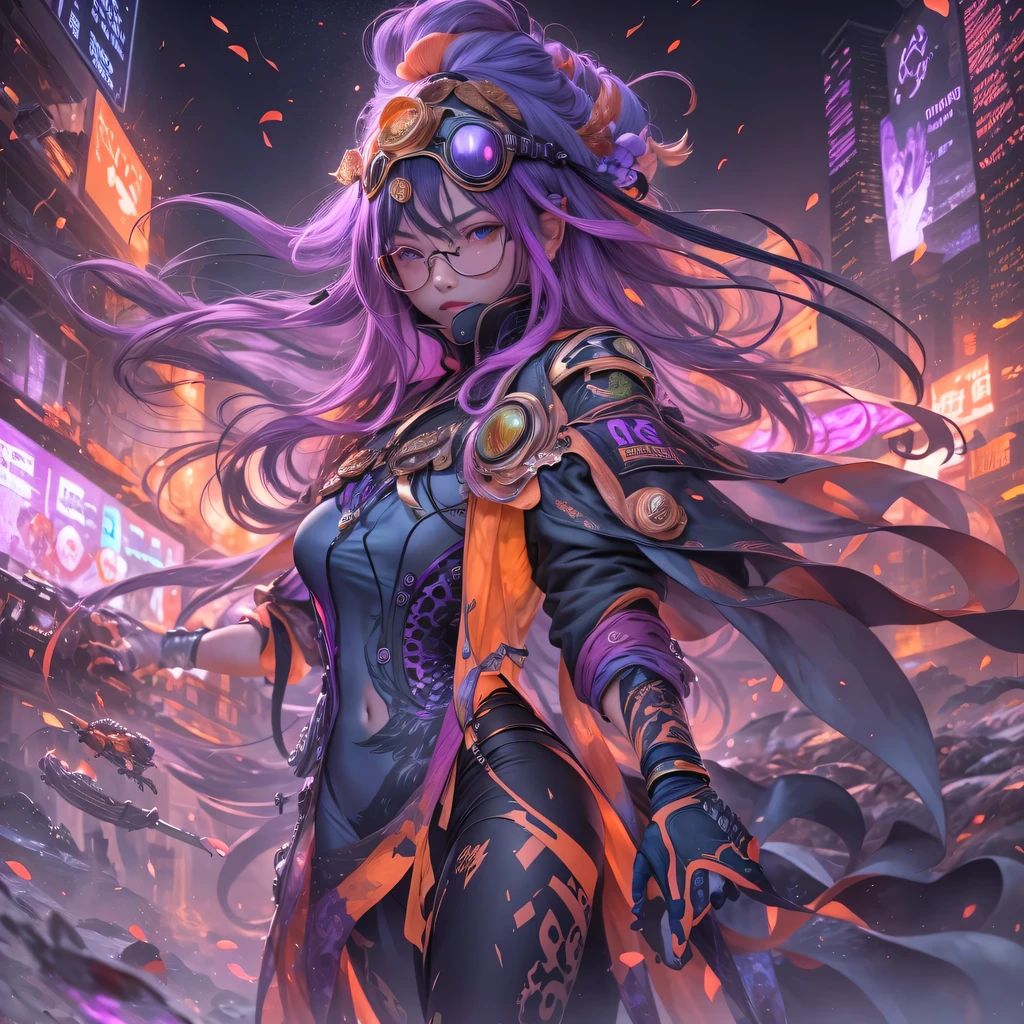 Chapter 3679 The Year of Cyberpunk（masterpiece，HD，超HD，32k lotus root starch）Bright purple flowing hair，autumn pond， lotus root starch color， Asian （Michiko）， （silk scarf）， fighting stance， looking at the colorful balloons， Orange gradient long hair， ((Thick frame reflective jade windproof goggles))Floating bright purple， Fire cloud gold headdress， Chinese long-sleeved gold silk garment， （Abstract ink splash：1.2），mars background，lotus（realistically：1.4），bright purple hair，Smoke on the road，The background is very ivory、pure， high resolution， Detailed wind protection goggles， RAW photos lotus root starch， Sharp Re， Nikon D850 film photo by Jefferies Lee 4 Kodak Portra 400 camera F1.6 guns, rich and colorful, Super real、Vivid texture, dramatic lighting, Unreal Engine Art Station Trend, Silicon Nest 800