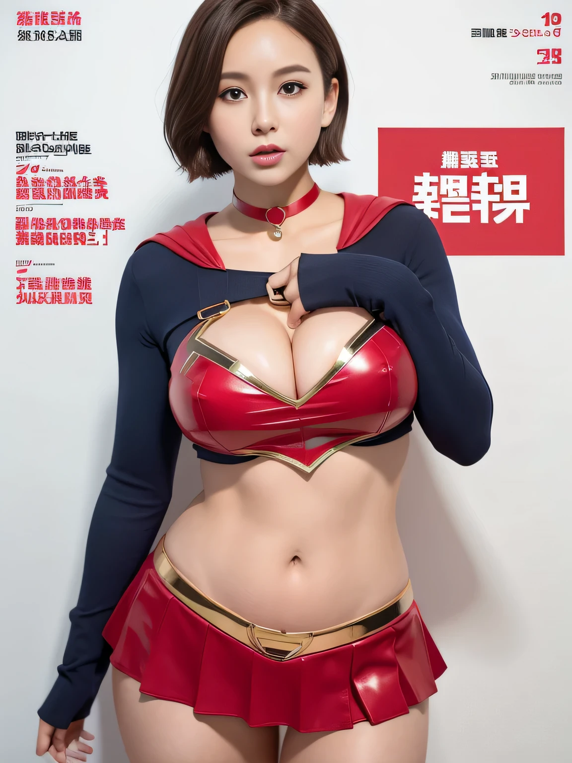 masterpiece、Shorthair Supergirl、big and full breasts、look at the camera、shiny costume、choker、red mini skirt、long sleeve、Navel exposure、Magazine cover style、Cheerful pose