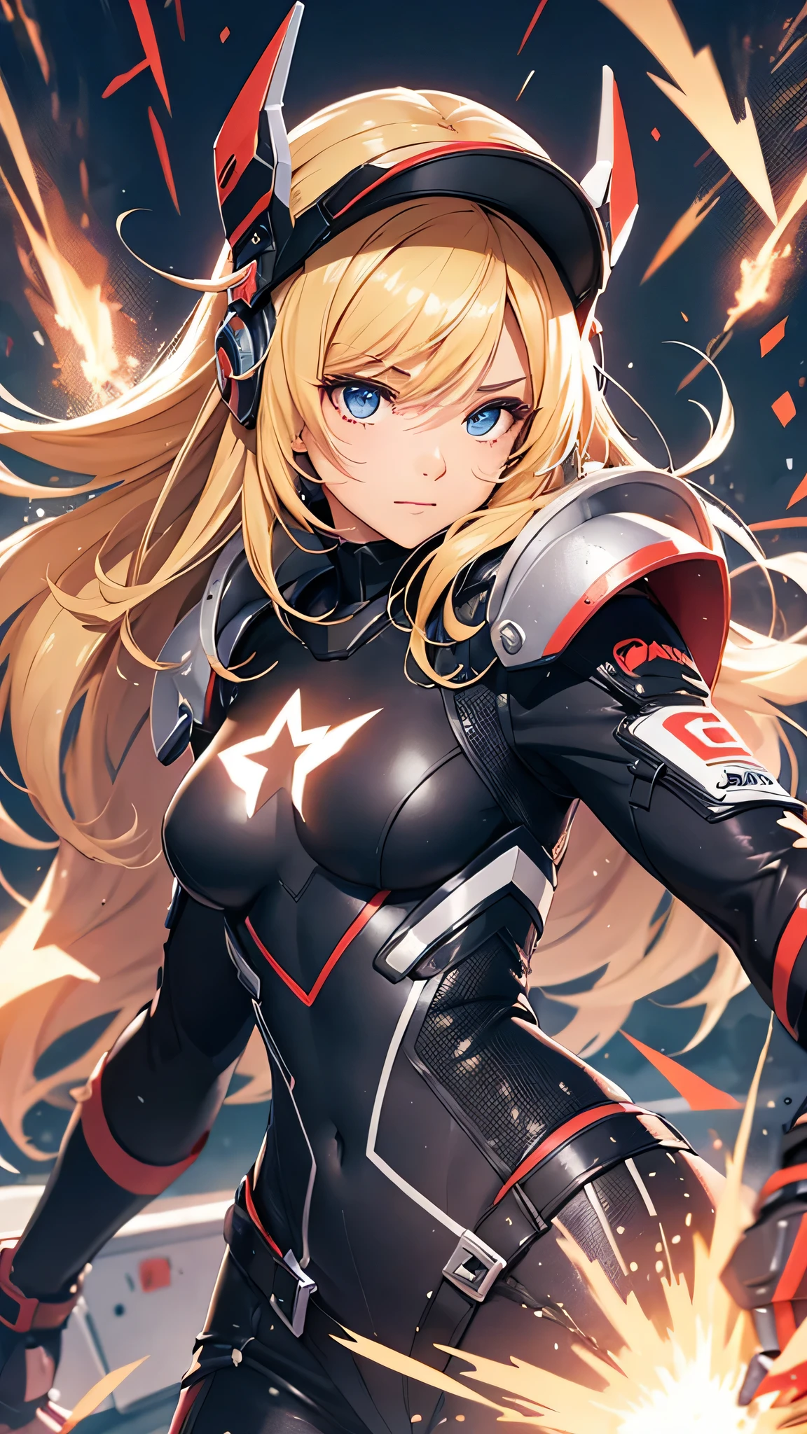 最high quality、best image quality、masterpiece、Android Girl((Robot body、20-year-old、 By becoming、vest bust、medium bust,wide open breast tea、black eye, blonde hair、long hair、thin,highest valley、glowing battle uniform、elationのある動き、超high speed、Feeling of sprinting、glowing head visor、has a laser blade)),high quality、beautiful art、background((arena、high speed、Red laser))、debris flies、書かれた境界のdepth、movie、visual art、perfect art、8K,genuine、elation、Dynamic expression(1:2)、elation、depth((big explosion))