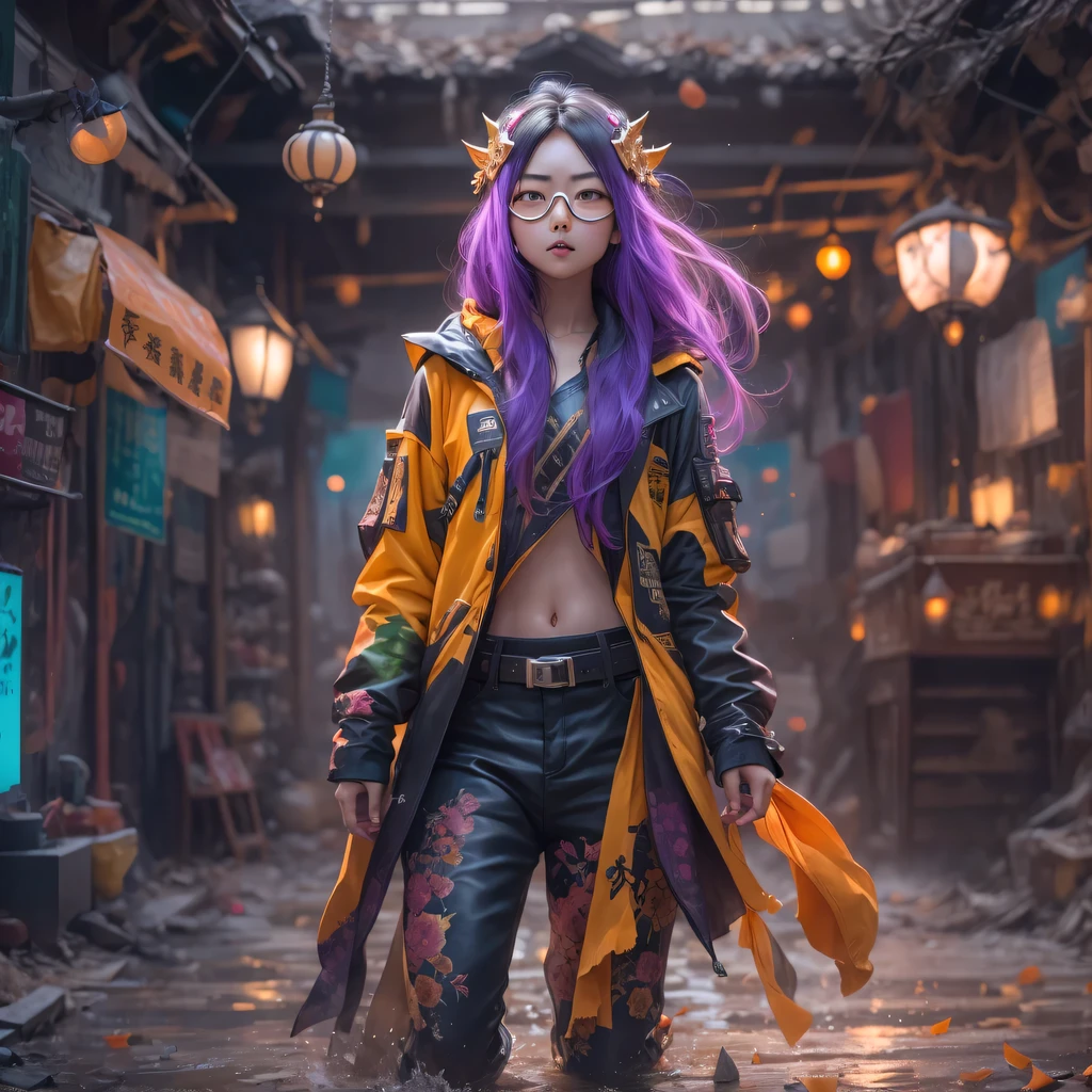 Chapter 3679 The Year of Cyberpunk（masterpiece，HD，超HD，32k lotus root starch）Bright purple flowing hair，autumn pond， lotus root starch color， Asian （Michiko）， （silk scarf）， fighting stance， looking at the colorful balloons， Orange gradient long hair， ((Thick frame reflective jade windproof goggles))Floating bright purple， Fire cloud gold headdress， Chinese long-sleeved gold silk garment， （Abstract ink splash：1.2），mars background，lotus（realistically：1.4），bright purple hair，Smoke on the road，The background is very ivory、pure， high resolution， Detailed wind protection goggles， RAW photos lotus root starch， Sharp Re， Nikon D850 film photo by Jefferies Lee 4 Kodak Portra 400 camera F1.6 guns, rich and colorful, Super real、Vivid texture, dramatic lighting, Unreal Engine Art Station Trend, Silicon Nest 800