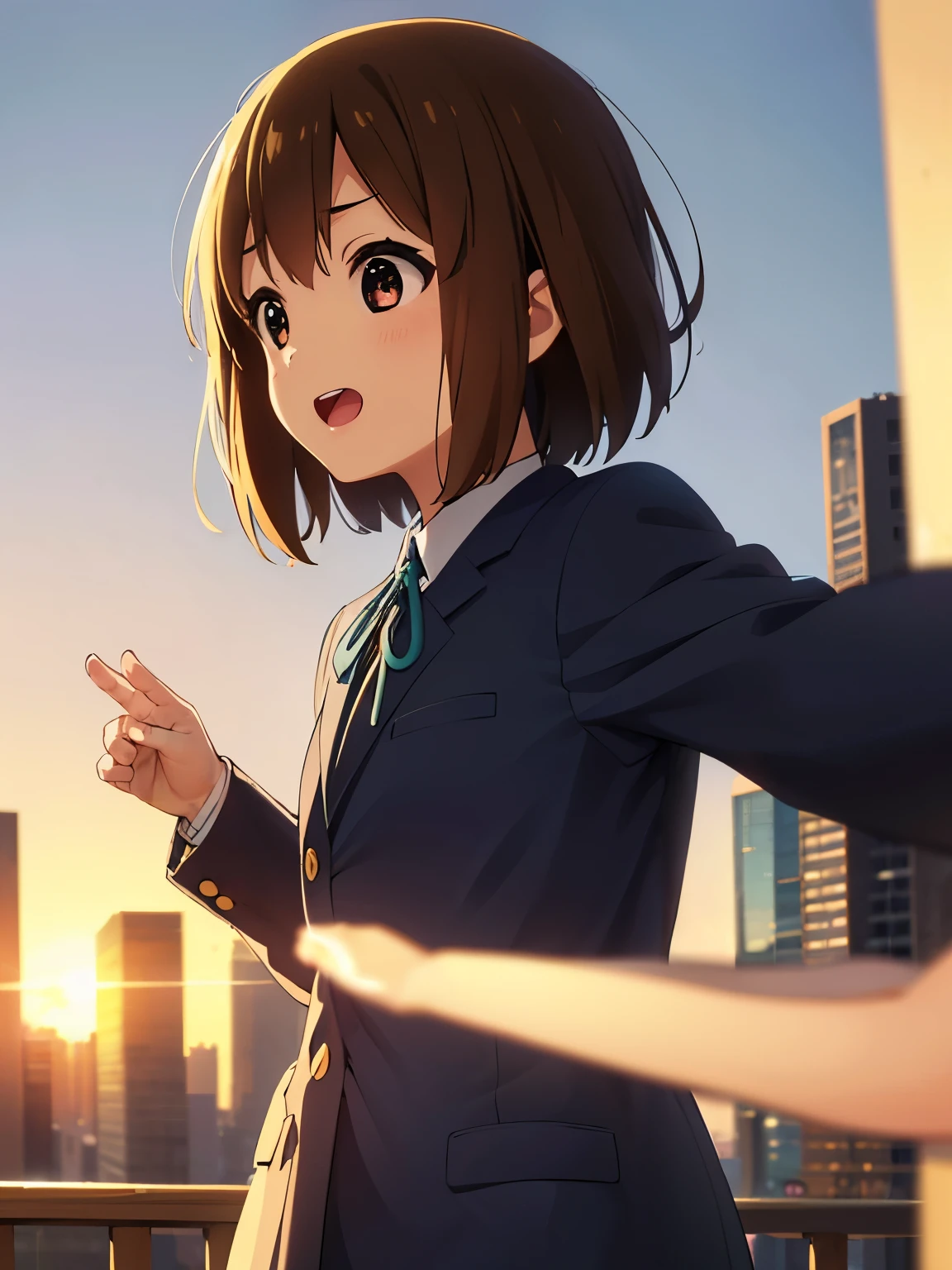 1girl, (((masterpiece))), top-quality, top-quality, High Details, hirasawa yui, 1girl, Sakuragaoka High School Uniform, student clothes, short hair, A brown-haired, brown-eyed, 独奏, reddish, Dark blue blazer with thin blue ribbon, Solid white buttoned shirt under blazer, illustratio, comic strip, soothing tones, Subdued Color, Soft cinematic light, adobe lightroom, photolab, HDR, intricately and hyper-detailed、(((depth of fields))))。(((masterpiece)))。(((top-quality))).)((ultra-detailliert)))。(((illustratio)))。(((takeout))).dynamic focus.big breasts.(((Skyscrapers))).(((A city scape))).(((Face of happiness))). open mouth.(((fighting stance))).(((up chest))).((afternoon glow)).((the setting sun)).