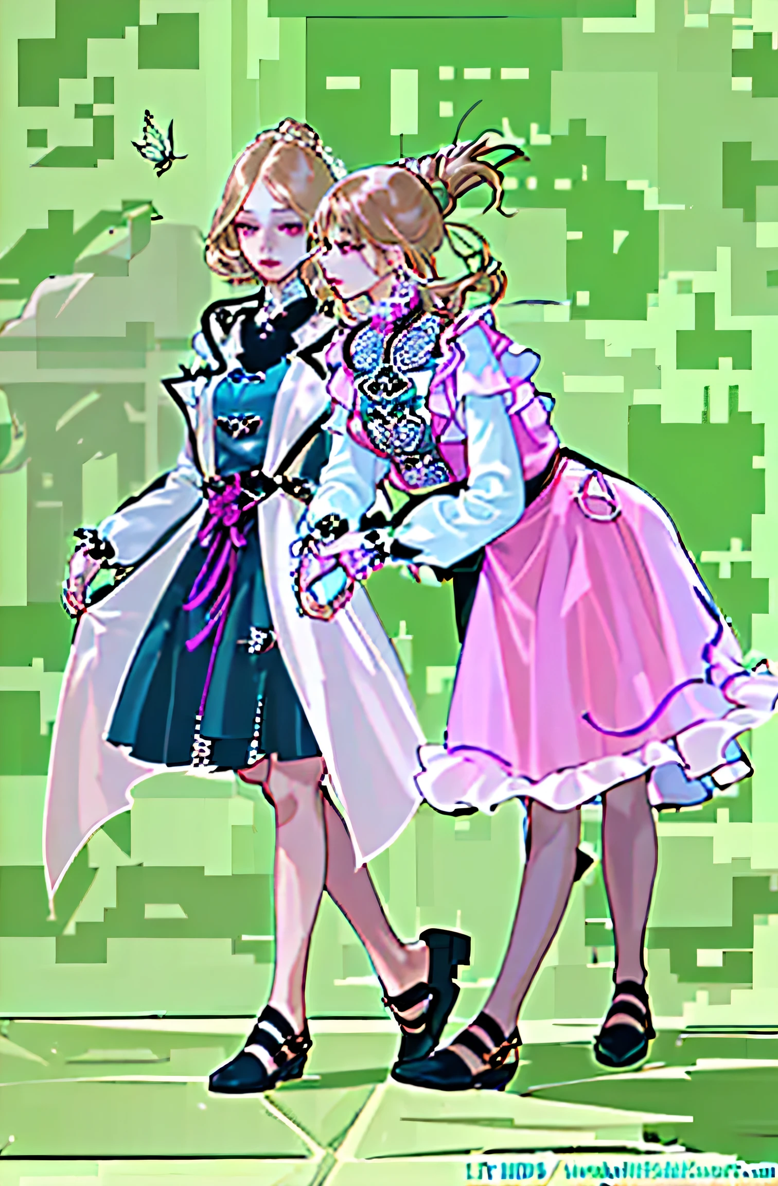 two girls,interaction,((best quality)), ((masterpiece)), ((two girls))Hair fluttering,delicate face,good eyes,lifelike,whole body,Clothes with intricate details,clothing details,beautiful clothes,more details,ultra high definition, Super details, best quality, high resolution, high detail