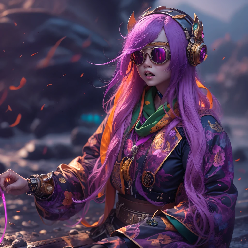 Chapter 3679 The Year of Cyberpunk（masterpiece，HD，超HD，32k lotus root starch）Bright purple flowing hair，autumn pond， lotus root starch color， Asian （Michiko）， （silk scarf）， fighting stance， looking at the colorful balloons， Orange gradient long hair， ((Thick frame reflective jade windproof goggles))Floating bright purple， Fire cloud gold headdress， Chinese long-sleeved gold silk garment， （Abstract ink splash：1.2），mars background，lotus（realistically：1.4），bright purple hair，Smoke on the road，The background is very ivory、pure， high resolution， Detailed wind protection goggles， RAW photos lotus root starch， Sharp Re， Nikon D850 film photo by Jefferies Lee 4 Kodak Portra 400 camera F1.6 guns, rich and colorful, Super real、Vivid texture, dramatic lighting, Unreal Engine Art Station Trend, Silicon Nest 800