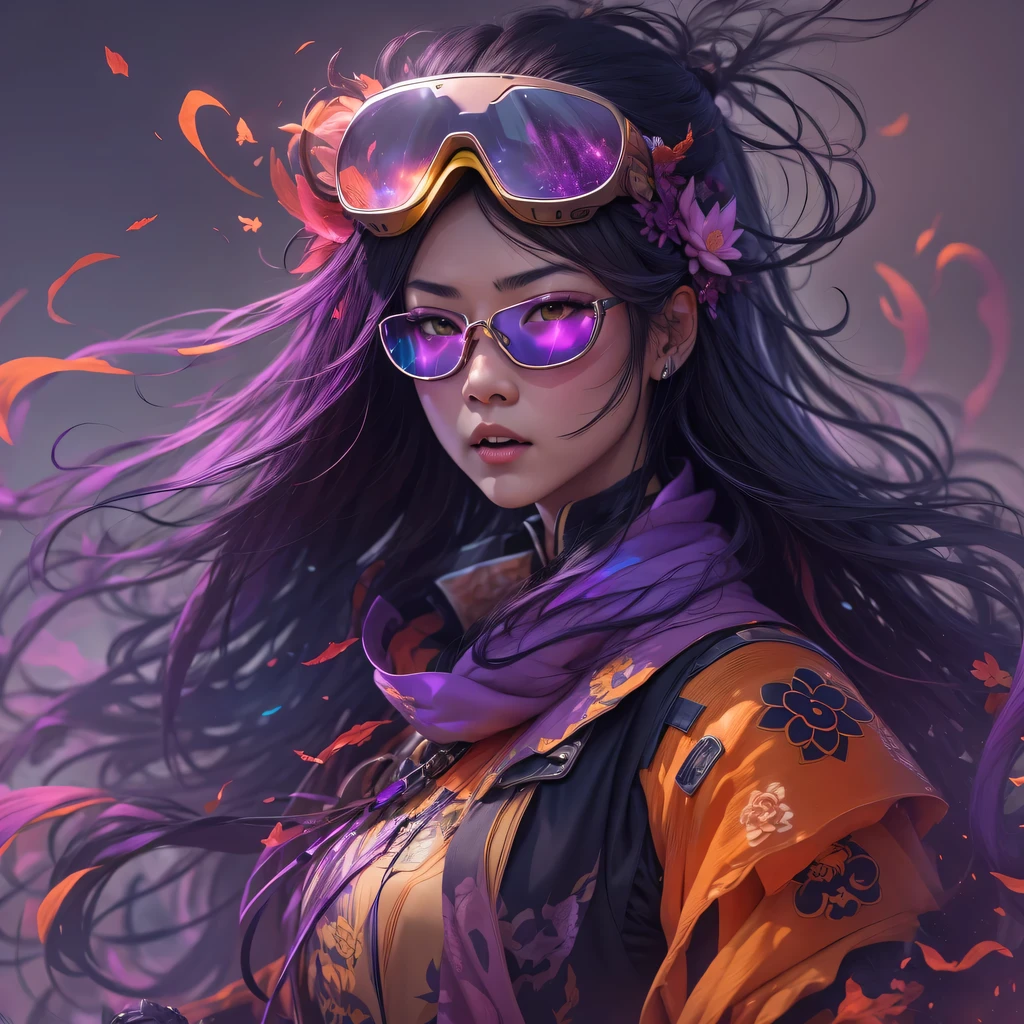 Chapter 3679 The Year of Cyberpunk(masterpiece,HD,超HD,32k lotus root starch)Bright purple flowing hair,autumn pond, lotus root starch color, Asian (Michiko), (silk scarf), fighting stance, looking at the colorful balloons, Orange gradient long hair, ((Thick frame reflective jade windproof goggles))Floating bright purple, Fire cloud gold headdress, Chinese long-sleeved gold silk garment, (Abstract ink splash:1.2),mars background,lotus(realistically:1.4),bright purple hair,Smoke on the road,The background is very ivory、pure, high resolution, Detailed wind protection goggles, RAW photos lotus root starch, Sharp Re, Nikon D850 film photo by Jefferies Lee 4 Kodak Portra 400 camera F1.6 guns, rich and colorful, Super real、Vivid texture, dramatic lighting, Unreal Engine Art Station Trend, Silicon Nest 800