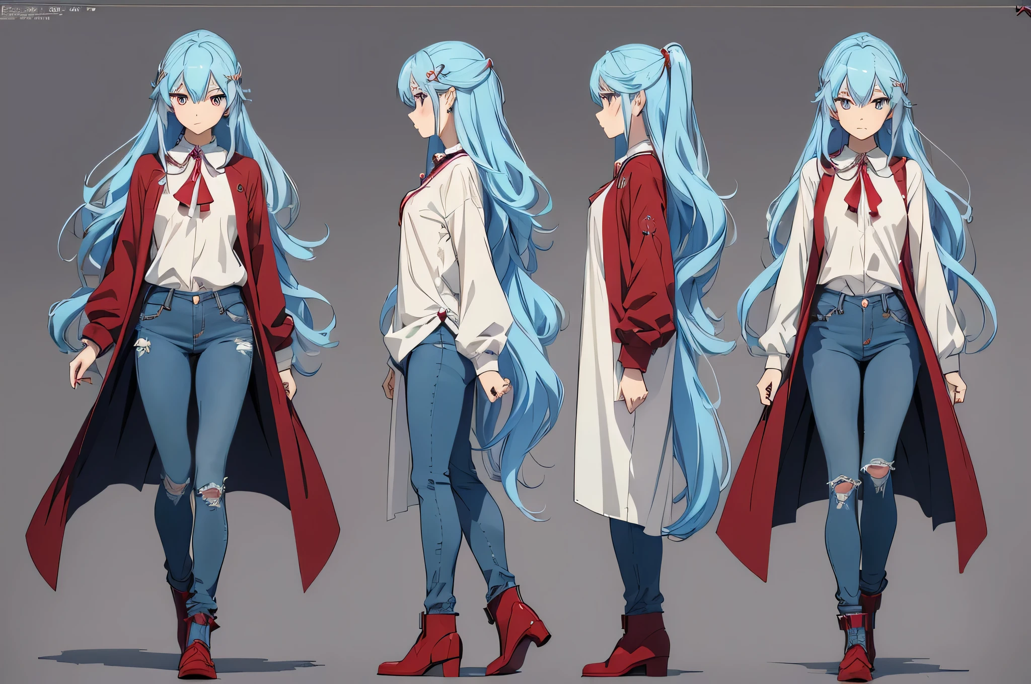 (((Masterpiece, Highest quality)), ((anime)), Conceptual art, three sided view, multiple views, reference sheet, anatomically correct, best quality) 1girl, solo, light blue hair, long hair, fluffy hair, red eyes, detailed eyes, anime eyes, skinny, loose shirt, button shirt, white shirt, jeans, red jeans,