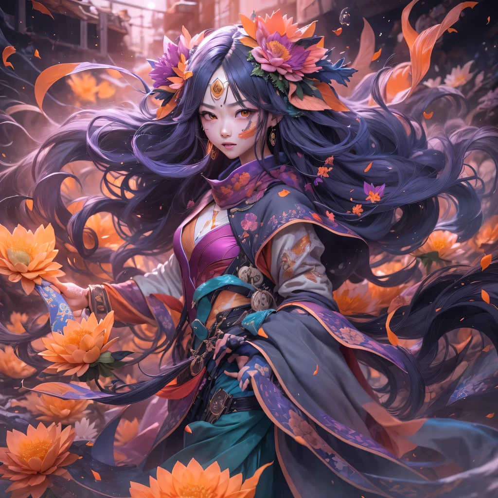Chapter 3679 The Year of Cyberpunk(masterpiece,HD,超HD,32k lotus root starch)Bright purple flowing hair,autumn pond, lotus root starch color, Asian (Michiko), (silk scarf), fighting stance, looking at the colorful balloons, Orange gradient long hair, ((Thick frame reflective jade windproof goggles))Floating bright purple, Fire cloud gold headdress, Chinese long-sleeved gold silk garment, (Abstract ink splash:1.2),mars background,lotus(realistically:1.4),bright purple hair,Smoke on the road,The background is very ivory、pure, high resolution, Detailed wind protection goggles, RAW photos lotus root starch, Sharp Re, Nikon D850 film photo by Jefferies Lee 4 Kodak Portra 400 camera F1.6 guns, rich and colorful, Super real、Vivid texture, dramatic lighting, Unreal Engine Art Station Trend, Silicon Nest 800