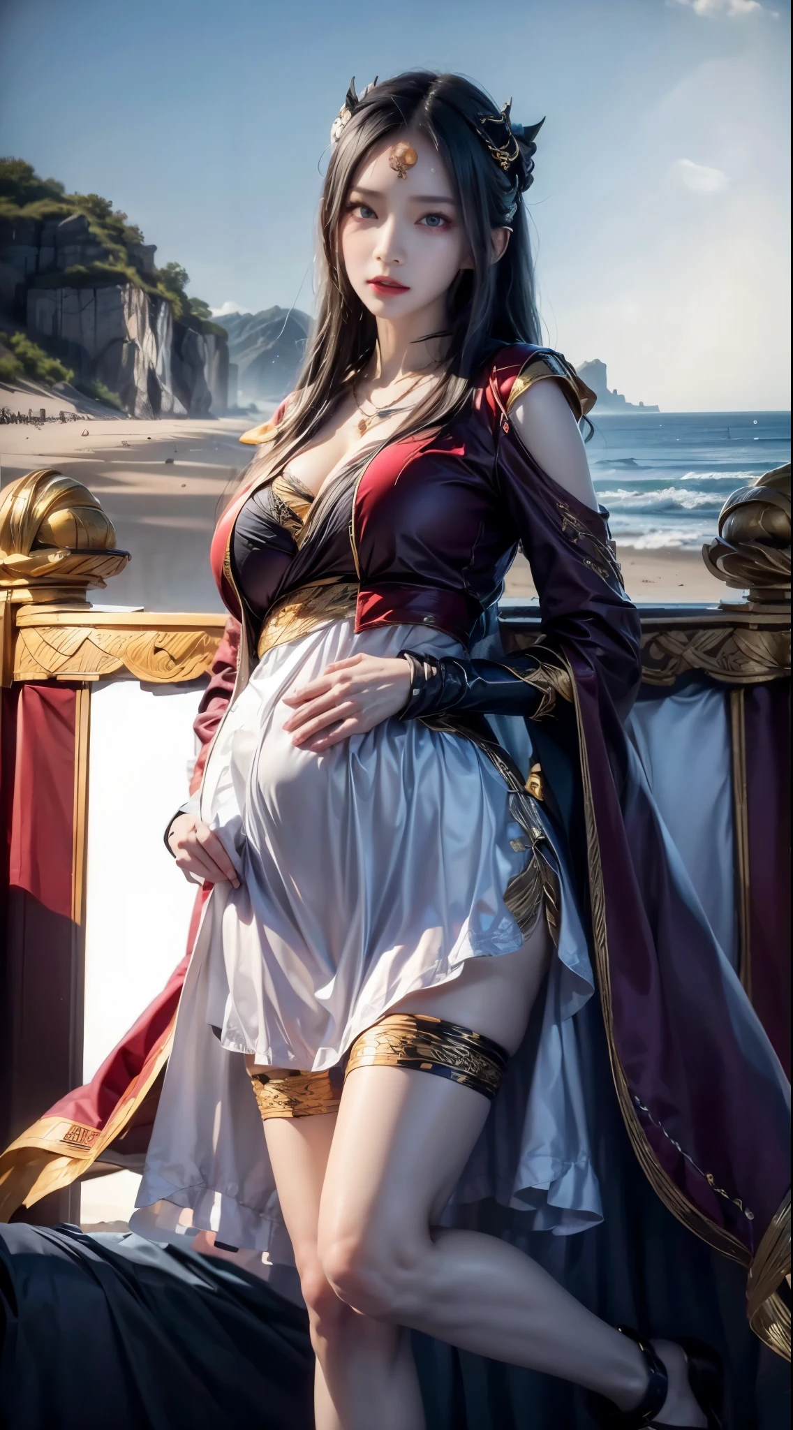 realistic, 1 women, best quality, 12k, HD, long hair, big round breasts, cleavage, ponytail, necklace, jewelry, shorts, short jacket, slim hips, hair tie, yellow eyes, black hair, super detailed, Eye details, hair details, person details, mouth details, face details, breast details, clothes details, hair details, pants details, hand details, whole body