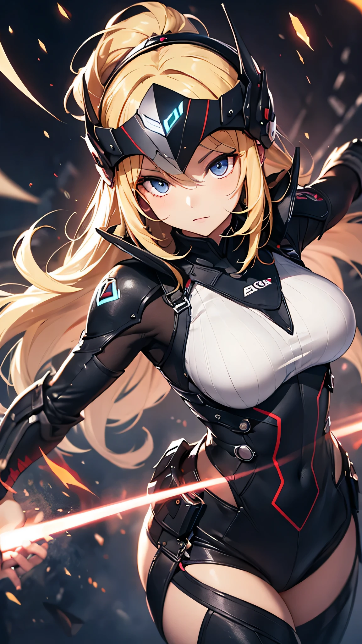 最high quality、best image quality、masterpiece、Android Girl((Robot body、20-year-old、 By becoming、vest bust、medium bust,wide open breast tea、black eye, blonde hair、long hair、thin,highest valley、glowing battle uniform、elationのある動き、Leaning forward heavily、Feeling of sprinting、glowing head visor、carry two handguns)),high quality、beautiful art、background((huge hall venue、high speed、Red laser))、debris flies、書かれた境界のdepth、movie、visual art、perfect art、8K,genuine、elation、Dynamic expression(1:2)、elation、depth((big explosion))