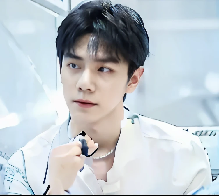((masterpiece)), (best quality), (detailed), (1boy), (inner data stream) light blue gradient hair, light blue glowing eyes, straight hair, wearing a modern white shirt and black dress, covered by data particles, locked around the neck