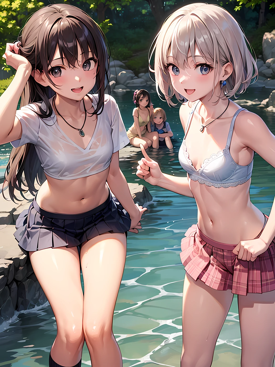 ((highest quality)), ((masterpiece)), (pretty girl), (3 girls:1.3), cute three girls are posing for a camera outdoors in the water, shirtをつかむ, stand side by side, (Close-up shot from the knee:1.3), perfect face, smile, (open your mouth and smile:1.3), embarrassed look, (precise fingers:1.3), hair band, head band, hair bobble, blouse, shirt, I can see your underwear, (pastel colored underwear), high resolution eyes, accurate eye, (high resolution eyes:1.8), (High definition finger 1.8), light smile, small chest, chest, realistic, 4ars old, 5 years old, 6 years old, 7 years old, knee socks, short skirt, Asian, blue eyes, silver hair, brown hair, blonde, belly button, jewelry, looking at the viewer, necklace, water, , Wet, long hair, short hair, abs,