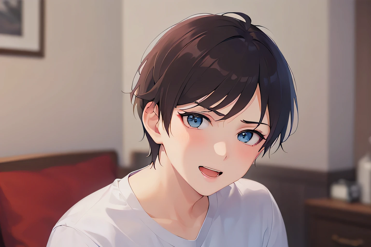(Extending hand forward:1.2), masterpiece、high quality、(25 year old man with short brown hair and blue eyes:1.5), wearing a white T-shirt、(Alone:1.5)、smile, open mouth, (Only the upper body is visible.:1.3)、be in the living room、bold composition、