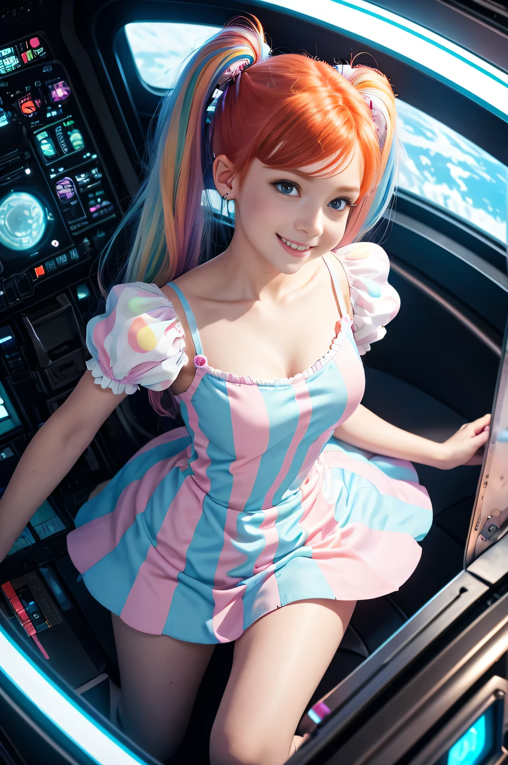 (overhead view) Cute redhead with rainbow colored hair tips, ribbons in her hair, 18-year-old woman, happy, smiling, in twin tails, perfect eyes, clear sparkling blue eyes, pale skin, silky smooth skin, flying a fancy metal luxurious space ship, futuristic cockpit, she's a pilot, outer space seen in windows, dark warm lighting, wearing a futuristic party dress, low cut top, pleated (chemise) mini dress (pastel rainbow colors, and polka dots), puffy sleeves, silk, pantyhose, cute short cut booties, boots.