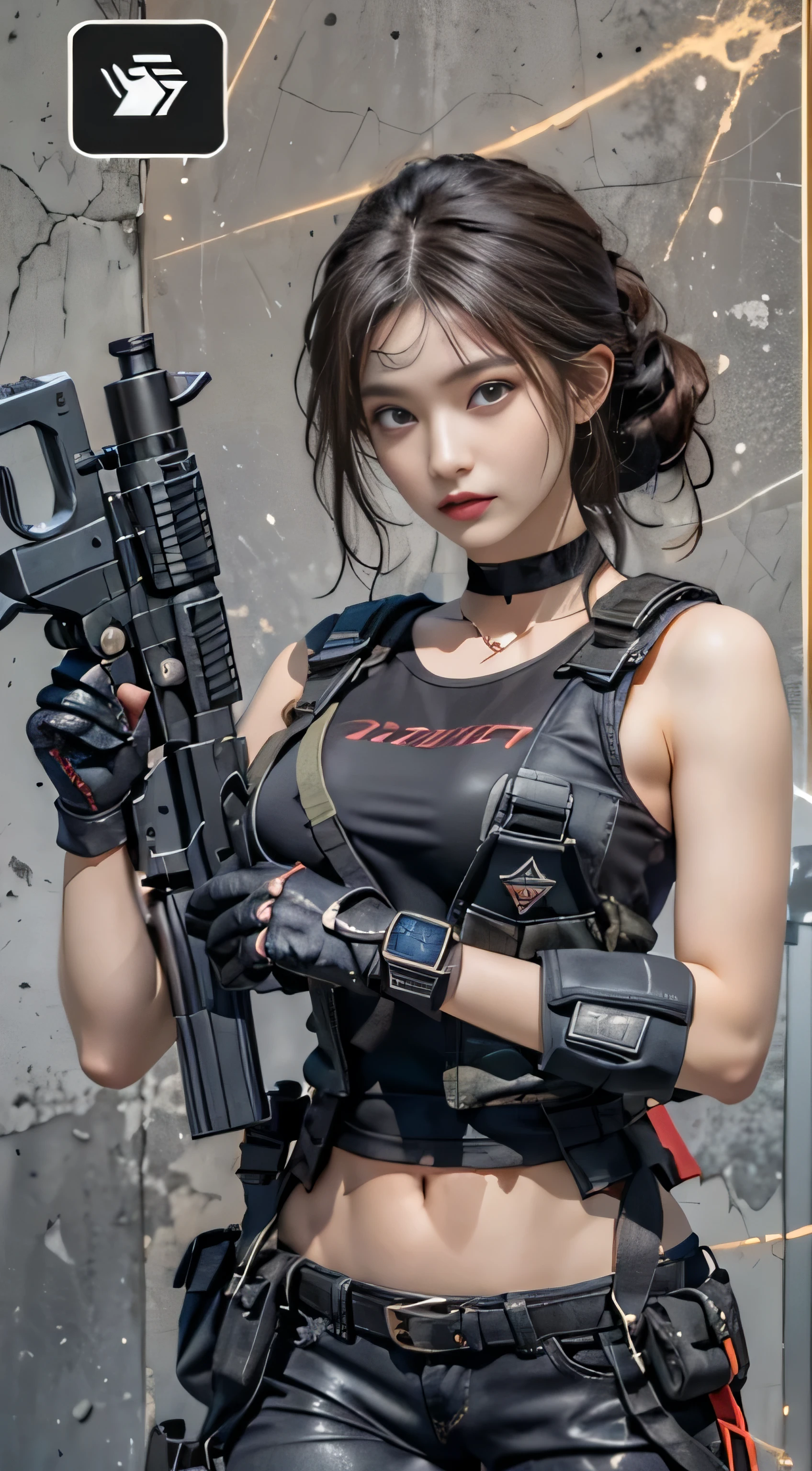 realistic, High resolution, 1 female, alone, sexy, hip up, show viewer, (detailed face), Swat Vest, gun, jewelry