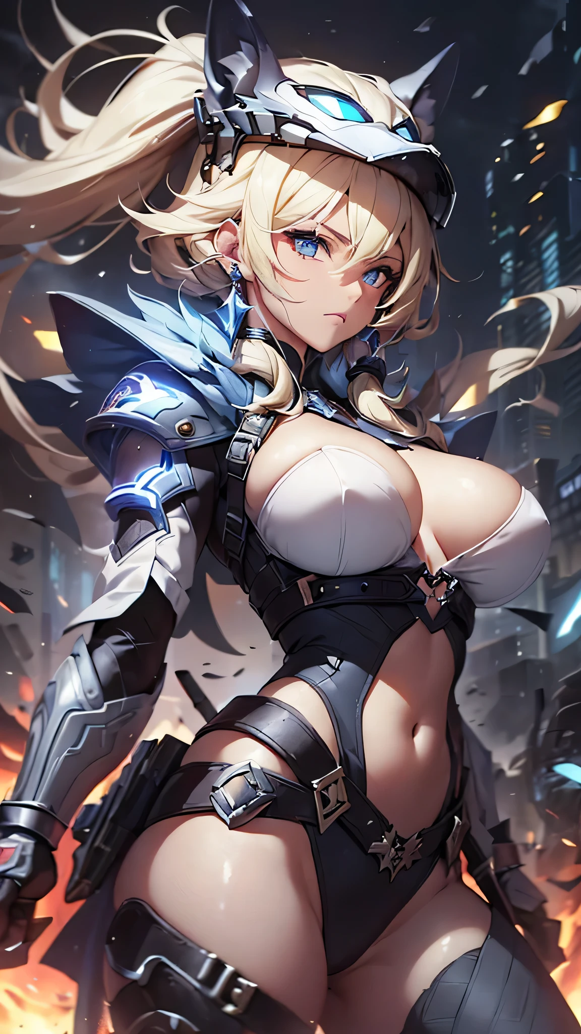 最high quality、best image quality、masterpiece、Android Girl((Robot body、20-year-old、 By becoming、vest bust、medium bust,wide open breast tea、black eye, blonde hair、long hair、thin,highest valley、glowing battle uniform、elationのある動き、超high speed、Feeling of sprinting、glowing head visor、carry two handguns)),high quality、beautiful art、background((arena、high speed、Red laser))、debris flies、書かれた境界のdepth、movie、visual art、perfect art、8K,genuine、elation、Dynamic expression(1:2)、elation、depth((big explosion))