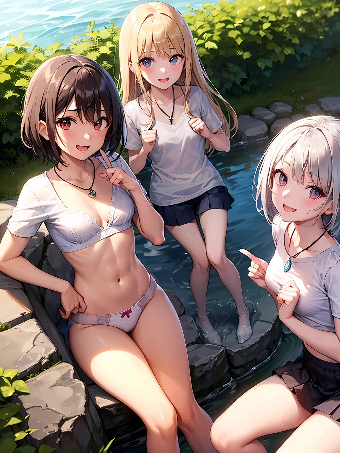 ((highest quality)), ((masterpiece)), (pretty girl), (3 girls:1.3), cute three girls are posing for a camera outdoors in the water, shirtをつかむ, stand side by side, (Close-up shot from the knee:1.3), perfect face, smile, (open your mouth and smile:1.3), embarrassed look, (precise fingers:1.3), hair band, head band, hair bobble, blouse, shirt, I can see your underwear, (pastel colored underwear), high resolution eyes, accurate eye, (high resolution eyes:1.8), (High definition finger 1.8), light smile, small chest, chest, realistic, , 5 years olold, 7 years ocks, short s, blue eyes, silver hair, brown hair, blonde, belly button, jewelry, looking at the viewer, nece, water, , Wet, long hair, short hair, abs,
