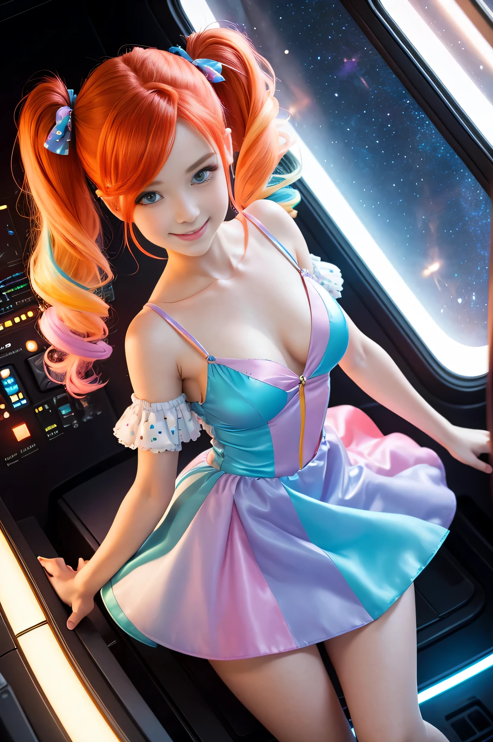 (overhead view) Cute redhead with rainbow colored hair tips, ribbons in her hair, 18-year-old woman, happy, smiling, in twin tails, perfect eyes, clear sparkling blue eyes, pale skin, silky smooth skin, flying a fancy metal luxurious space ship, futuristic cockpit, she's a pilot, outer space seen in windows, dark warm lighting, wearing a futuristic party dress, low cut top, pleated (chemise) mini dress (pastel rainbow colors, and polka dots), puffy sleeves, silk, pantyhose, cute short cut booties, boots.