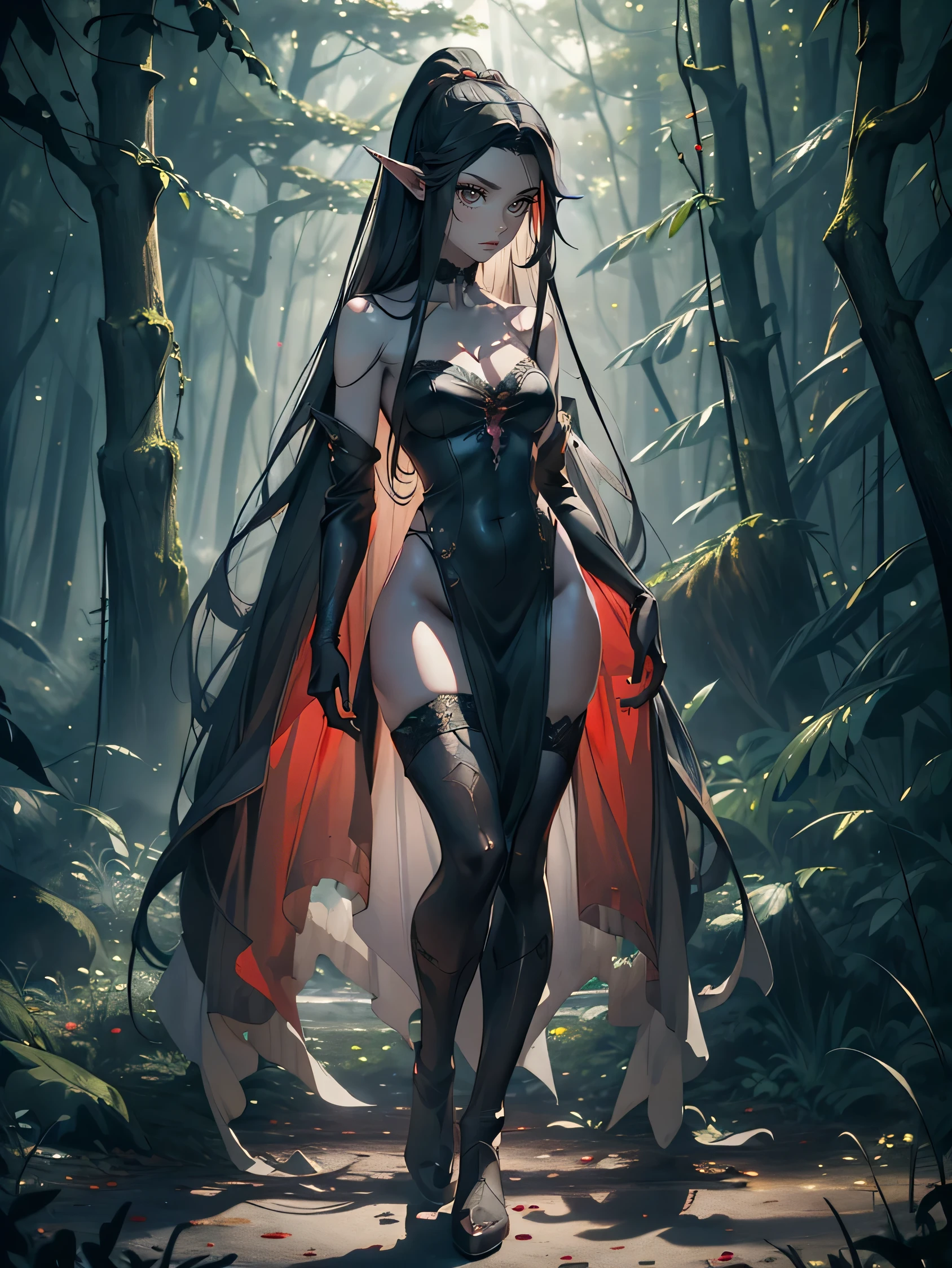masterpiece, high quality, illustration, extremely detailed, 1_women, (full body), (exotic skin_complexion:1.4), pale grey skin, mature, statuesque, tall, beautiful, exotic, with long elf ears, (looking away from the viewer), stoic expression, bare shoulders, wearing (diaphanous) robes, black choker, (thigh highs) with silver embroidery, long fingerless leather gloves, tall black boots, ((medium breasts)), black gothic dress, black hair, long hair, realistic and detailed face having (((red eyes)), dark_eyeliner, long_eyelashes), natural dynamic lighting casts detailed shadows, dark forest, mist, fog, 