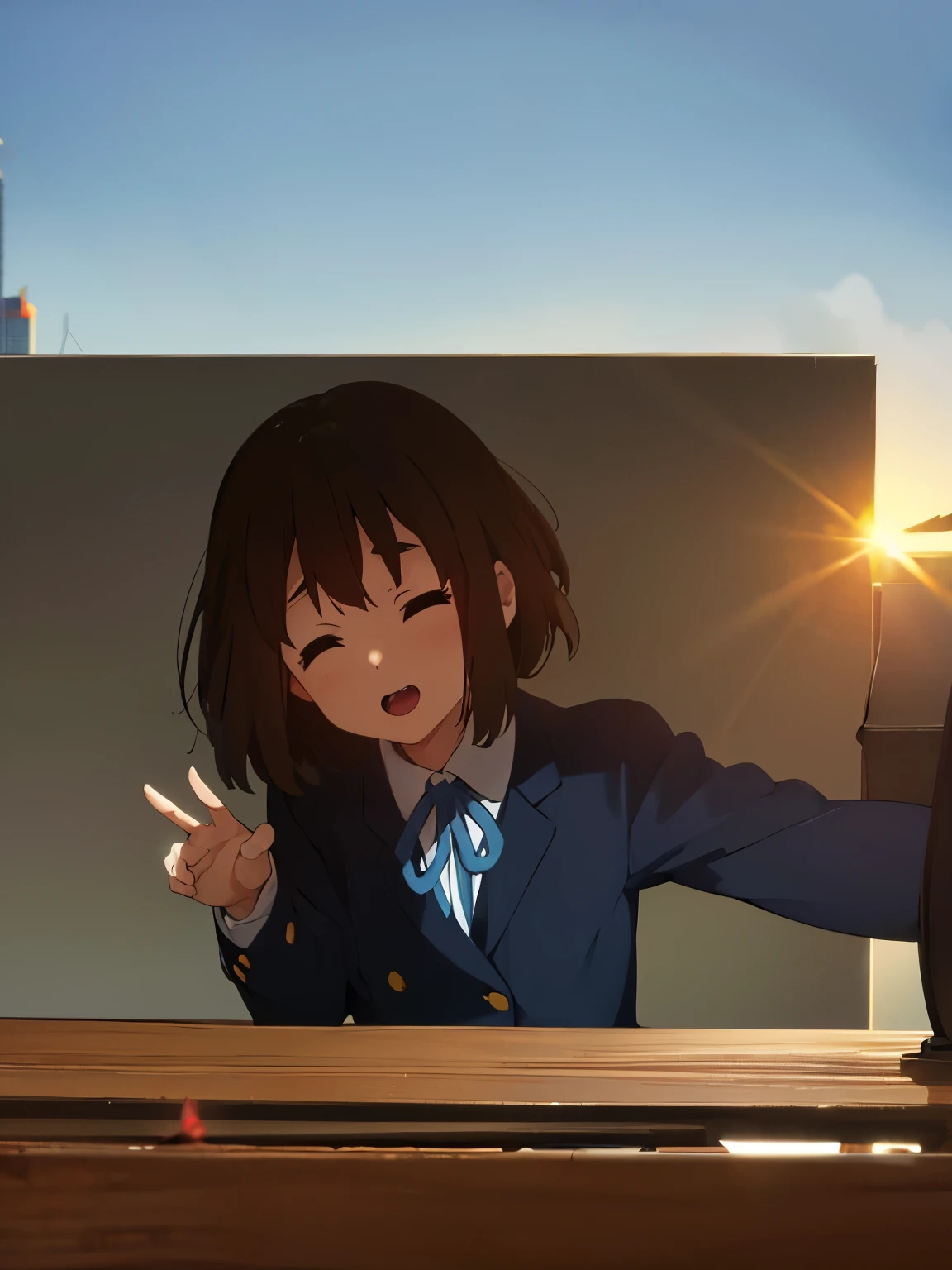 1girl, (((masterpiece))), top-quality, top-quality, High Details, hirasawa yui, 1girl, Sakuragaoka High School Uniform, student clothes, short hair, A brown-haired, brown-eyed, 独奏, reddish, Dark blue blazer with thin blue ribbon, Solid white buttoned shirt under blazer, illustratio, comic strip, soothing tones, Subdued Color, Soft cinematic light, adobe lightroom, photolab, HDR, intricately and hyper-detailed、(((depth of fields))))。(((masterpiece)))。(((top-quality))).)((ultra-detailliert)))。(((illustratio)))。(((takeout))).dynamic focus.big breasts.(((Skyscrapers))).(((A city scape))).(((Face of happiness))). open mouth.(((fighting stance))).(((up chest))).((afternoon glow)).((the setting sun)).