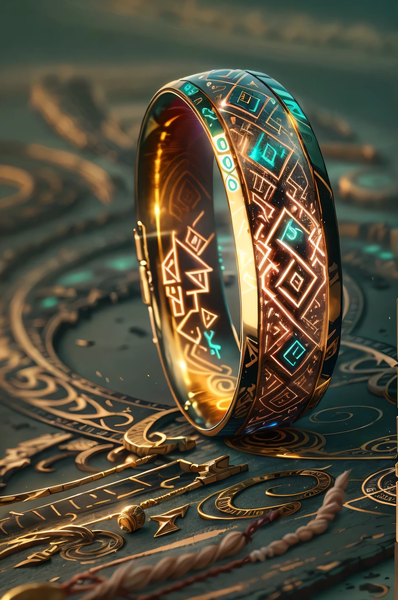 (Best quality,4K,a high resolution), foreground, glowing rune AI,round gold ring with fantastic magical atmosphere,elegant, with intricate glowing runic lines,shiny and eye-catching,runic ring with small, a sparkling rainbow-colored diamond on top,together we create a harmonious and charming design,revealing secrets and wonders with your radiant and gentle presence,bright colors, emphasizing your attractiveness,soft lighting, emphasizing its beauty.