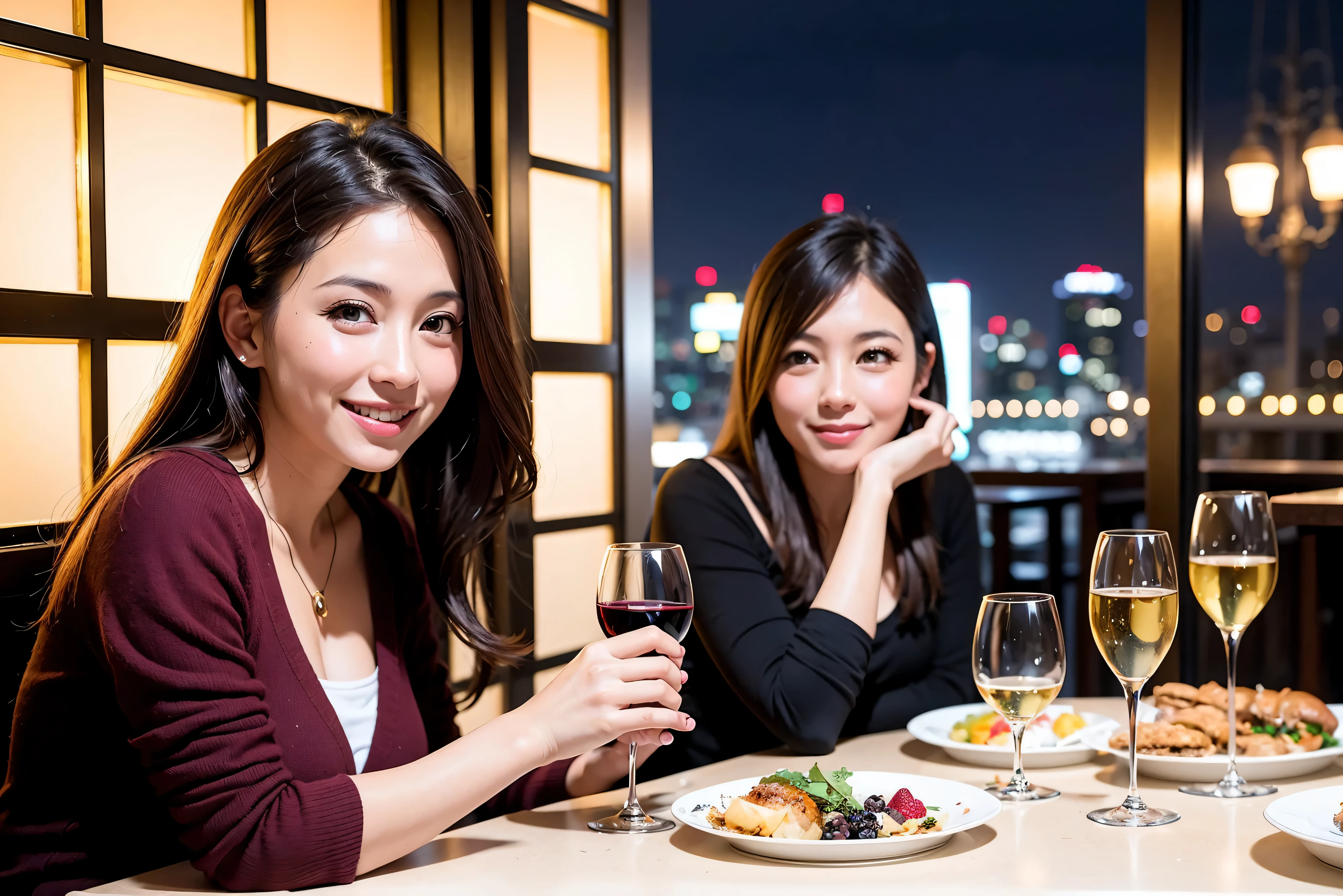 64k, UHD, highest quality, masterpiece: 1.2), (realistic, photorealistic: 1.37),5-people、やわらかなsmile、gentle expression、 Super detailed, celebration party、beauty、charm、beautiful mature woman、3 women who love wine、three men、Kobe、Yokohama、champagne、sparkling wine、winter night、restaurantでワイン宴会、(slimな男女4名),(Wine party for 5 people)、(slimフェイス),Happy、 最高なsmile、Fox Face、Berry Short、(because I'thin), (brown hair), (shortcut), long sleeve shirt、winter fashion、Colombia、Brazilian、Japanese、Dutch、German、Portuguese、Belgian、Italian、french, (gushing), (slimボティ), (brown hair), (shortcut), 端正なbeauty、cheeks blush a little, (41 years old), 38 years old, 35 years old、32 years old、 A beautiful and detailed night view spreads out outside the window........., restaurant, wine glassが座っている, At night, in a prominent place (from the Upper body) nova frog style, actress, model, Upper body, White wine, slim, wine glass, Very beautiful night view, wine glass Put in the Middle, Happy smile, (smile: 1.15),