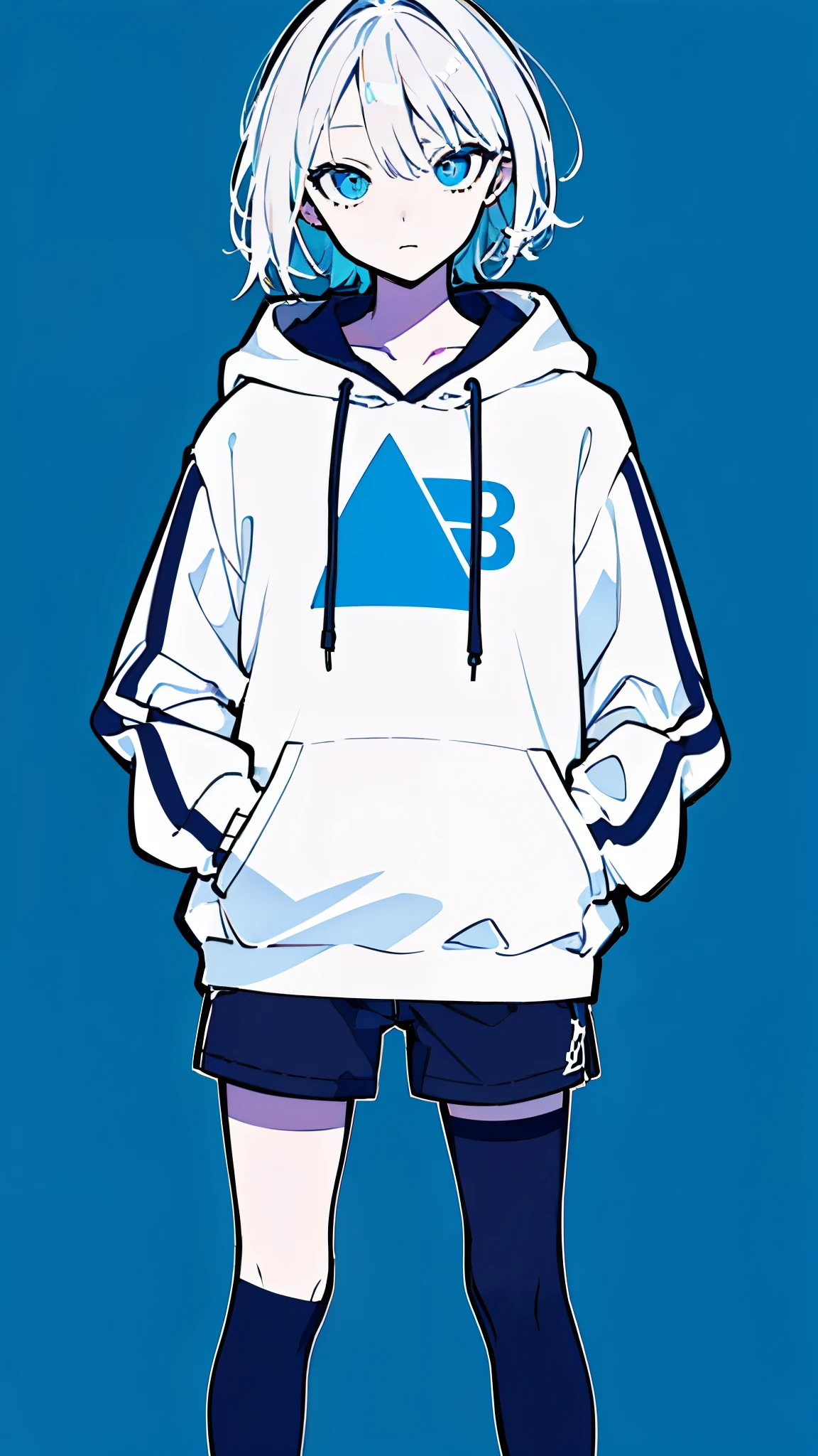 (masterpiece, highest quality:1.6), alone, thick outline, (simple background, Dark blue background, monochrome, dark blue theme:1.2), official art, Key Visual, 8K, disorganized, whole body, (unique hair, Oversized Hoodies, hot pants, arch back, short torso:1.2), belly button, thighs, cowboy shot, HDR, sharp focus, High resolution, most detailed, very detailed, Super detailed, finely, detailed eyes and face, sharp pupils, realistic student, solo, blue and white contrast, solo, hands in pockets