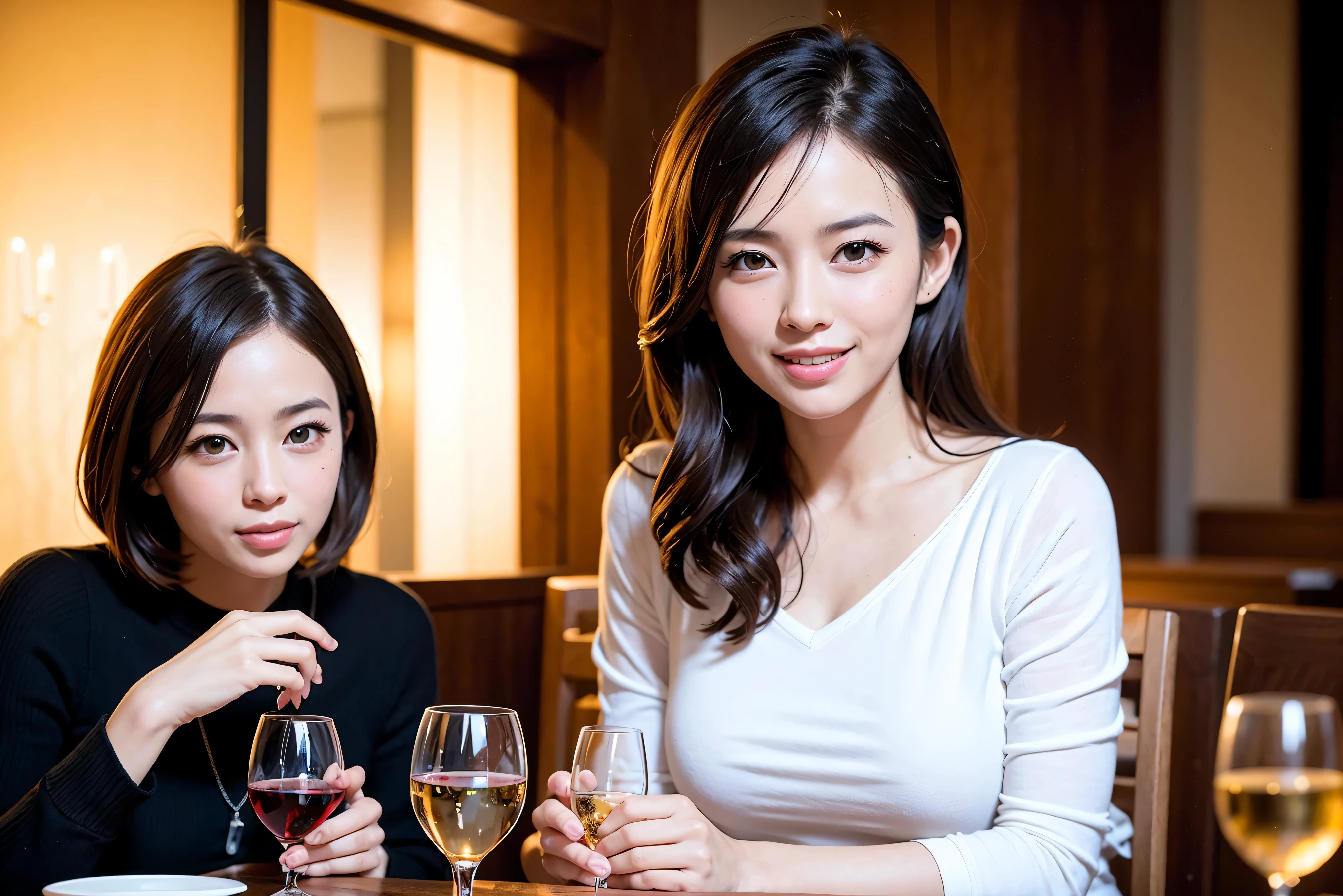 64k, UHD, highest quality, masterpiece: 1.2), (realistic, photorealistic: 1.37),5-people、やわらかなsmile、gentle expression、 Super detailed, celebration party、beauty、charm、beautiful mature woman、3 women who love wine、three men、Kobe、Yokohama、champagne、sparkling wine、winter night、restaurantでワイン宴会、(slimな男女4名),(Wine party for 5 people)、(slimフェイス),Happy、 最高なsmile、Fox Face、Berry Short、(because I&#39;thin), (brown hair), (shortcut), long sleeve shirt、winter fashion、Colombia、Brazilian、Japanese、Dutch、German、Portuguese、Belgian、Italian、french, (gushing), (slimボティ), (brown hair), (shortcut), 端正なbeauty、cheeks blush a little, (41 years old), 38 years old, 35 years old、32 years old、 A beautiful and detailed night view spreads out outside the window........., restaurant, wine glassが座っている, At night, in a prominent place (from the Upper body) nova frog style, actress, model, Upper body, White wine, slim, wine glass, Very beautiful night view, wine glass Put in the Middle, Happy smile, (smile: 1.15),