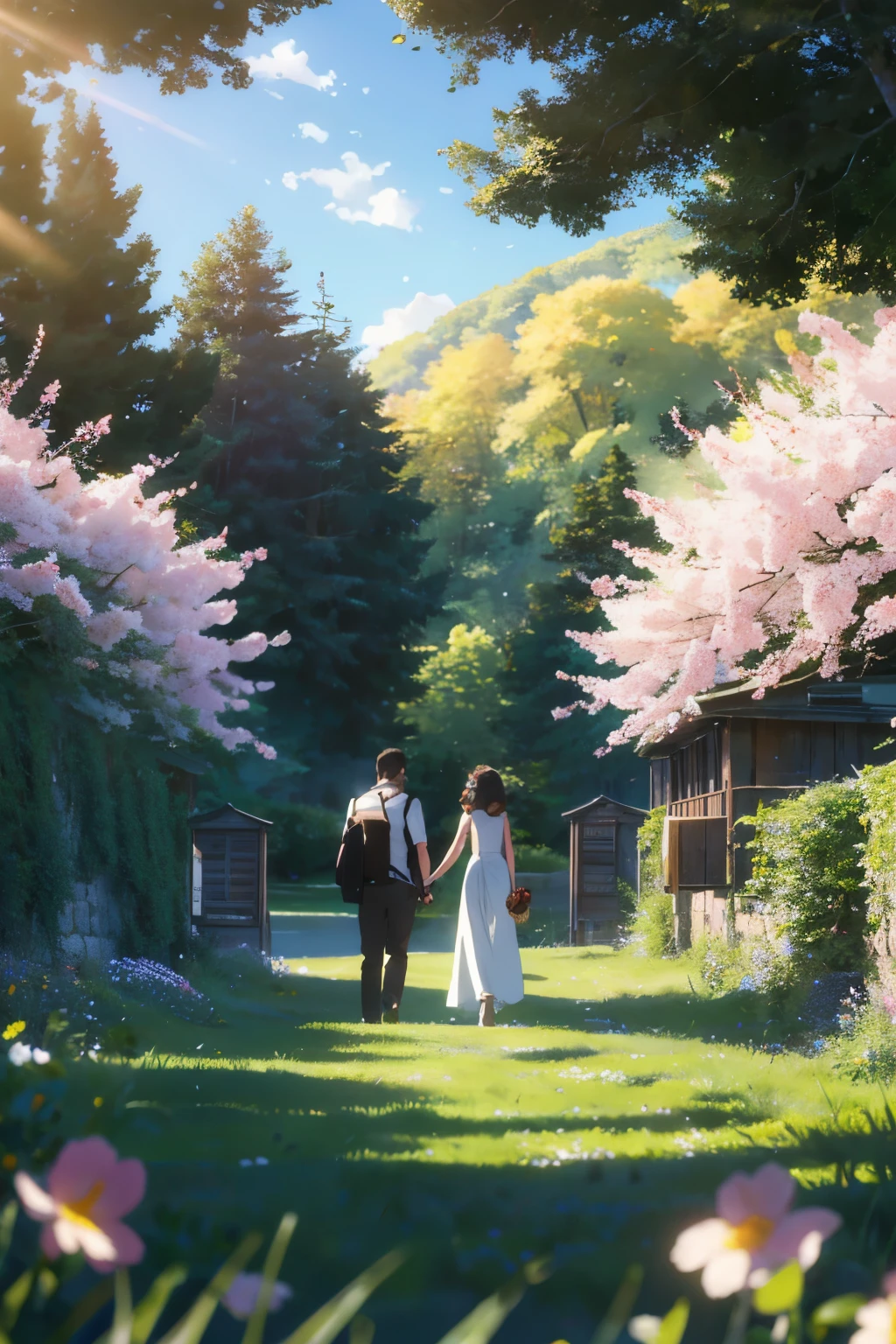 masterpiece, top quality, 16:9 aspect ratio,
a boy and a girl, hand in hand, walking path,
meadow, blooming flowers, animated fairy-tale atmosphere,
warm sunlight filtering through leaves,
gentle breeze swaying petals,
butterflies flitting around,
rabbit peeking out from bushes,
birds singing harmoniously,
sky dotted with puffy white clouds,
sun setting beyond horizon, casting warm glow.
