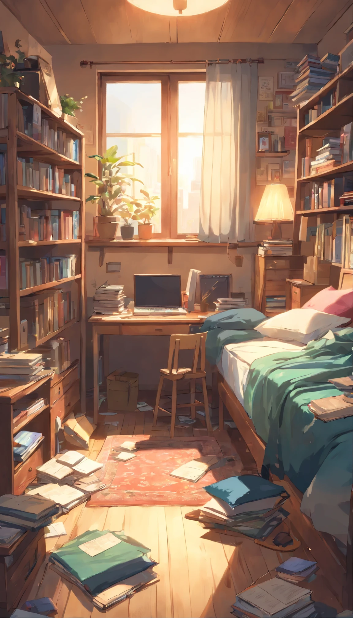 (La mejor calidad,4k,High resolution,Obra maestra:1.2),Ultra detallado,fotorrealista:1.37,Scruffy bedroom with no one in,Calcetines desiguales debajo de la cama, Pantalones en el suelo,Desk drawer full of files and books, Dirty clothes strewn all over the room, Dusty atmosphere with dim lighting,Messy room with an unkempt plant in the corner, Montones de ropa desdoblada, Disorganized bookshelf full of books and trinkets, cortinas hechas jirones,Scruffy bed with crinkled sheets