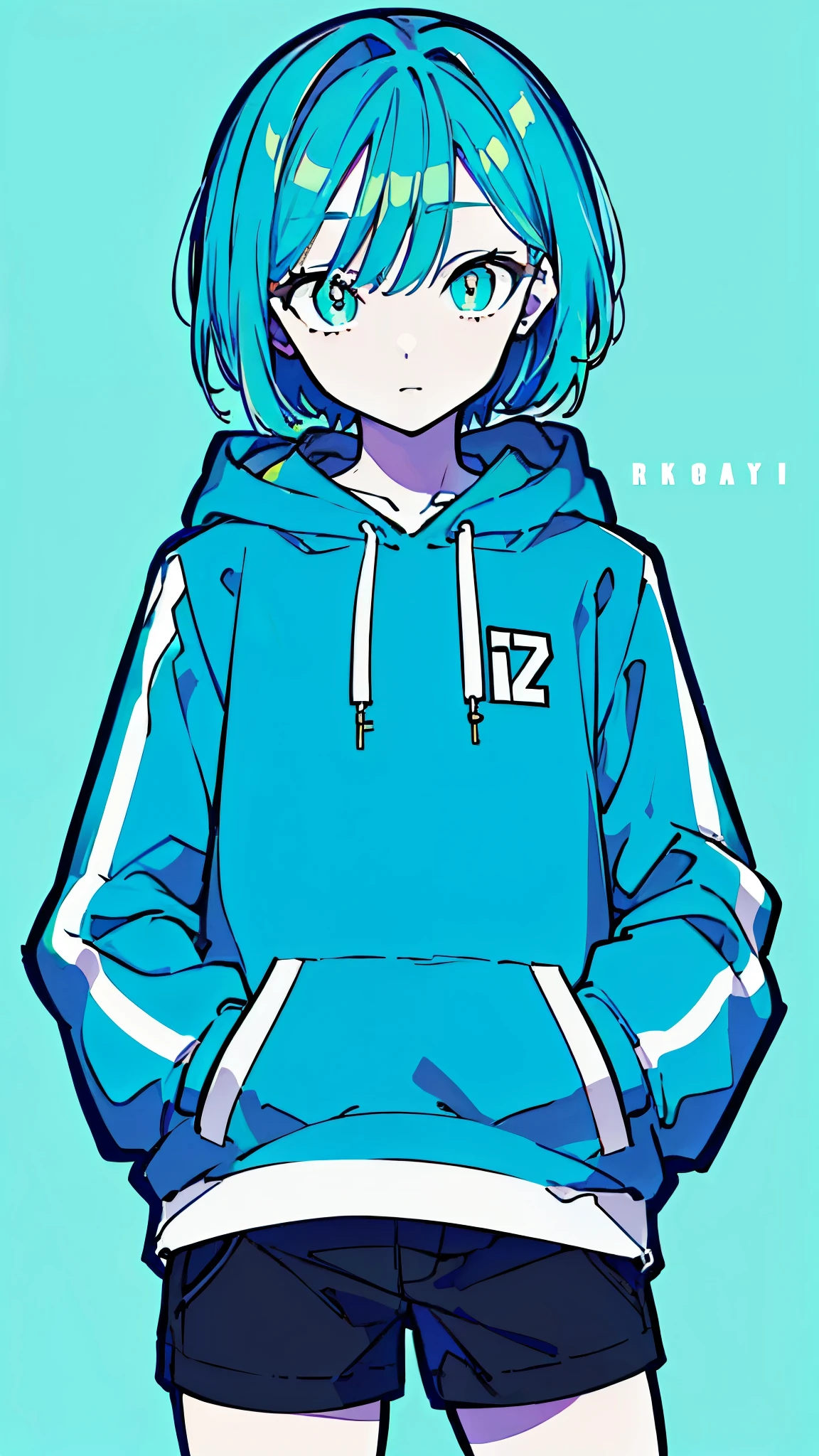 (masterpiece, highest quality:1.6), alone, thick outline, (simple background, light blue background, monochrome, light blue theme:1.2), official art, Key Visual, 8K, disorganized, whole body, (unique hair, Oversized Hoodies, hot pants, arch back, short torso:1.2), belly button, thighs, cowboy shot, HDR, sharp focus, High resolution, most detailed, very detailed, Super detailed, finely, detailed eyes and face, sharp pupils, realistic student, solo, blue and white contrast, solo, hands in pockets