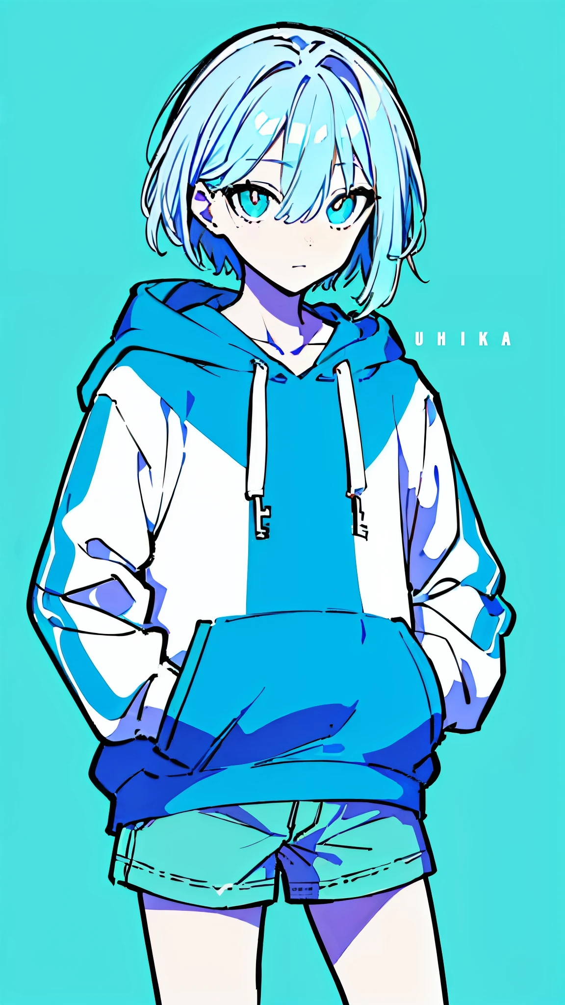 (masterpiece, highest quality:1.6), alone, thick outline, (simple background, light blue background, monochrome, light blue theme:1.2), official art, Key Visual, 8K, disorganized, whole body, (unique hair, Oversized Hoodies, hot pants, arch back, short torso:1.2), belly button, thighs, cowboy shot, HDR, sharp focus, High resolution, most detailed, very detailed, Super detailed, finely, detailed eyes and face, sharp pupils, realistic student, solo, blue and white contrast, solo, hands in pockets
