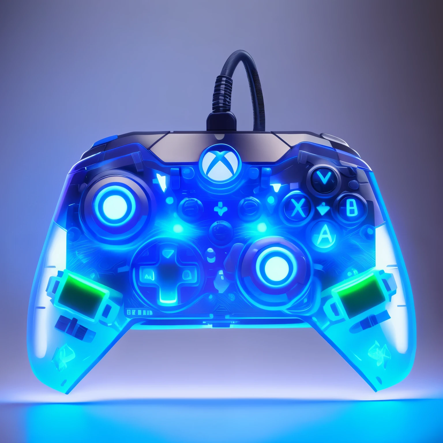 a close up of a controller with a light on it, blue backlight, xbox, rtx, controllers, gamer, led gaming, gear, lepra, h. u. d, scenic full shot, lumi, full - view, ue5, ue 5, zido, hyper, maxar, ax, gaming, bizzaro, kano)