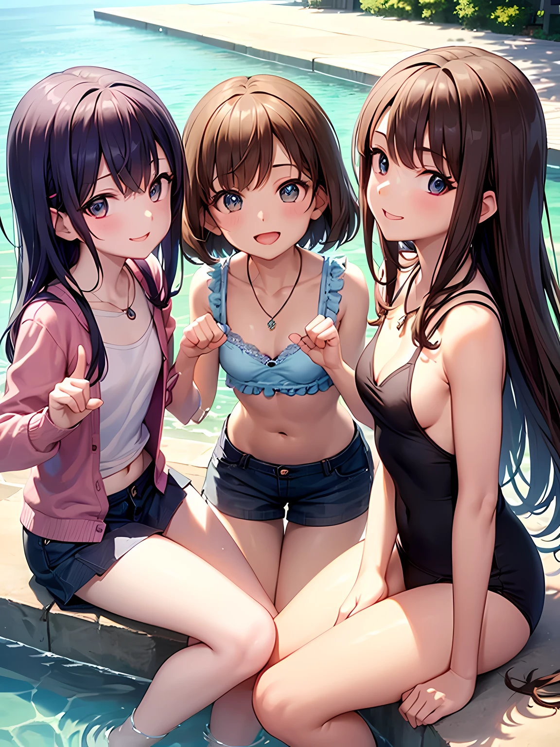 ((highest quality)), ((masterpiece)), (pretty girl), (3 girls:1.3), cute three girls are posing for a camera outdoors in the water, shirtをつかむ, stand side by side, (Close-up shot from the knee:1.3), perfect face, smile, (open your mouth and smile:1.3), embarrassed look, (precise fingers:1.3), hair band, head band, hair bobble, blouse, shirt, I can see your underwear, (pastel colored underwear), high resolution eyes, accurate eye, (high resolution eyes:1.8), (High definition finger 1.8), light smile, small chest, chest, realistic, 4years old, , 6 years oldld, knee sockirt, Asian, blue eyes, silver hair, brown hair, blonde, belly button, jewelry, looking at the viewer, necklace, water, , Wet, long hair, short hair, abs,