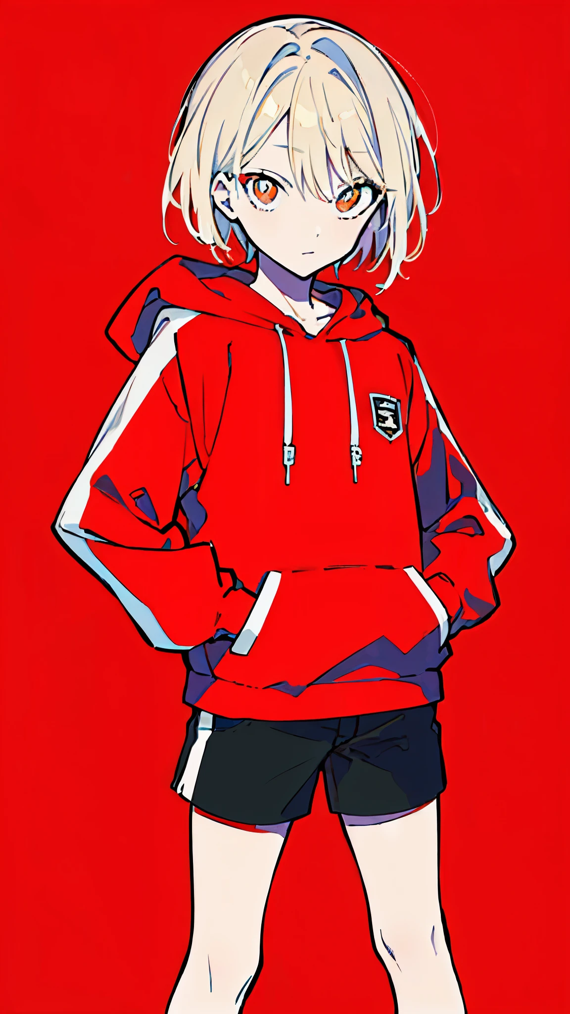 (masterpiece, highest quality:1.6), alone, thick outline, (simple background, bright red background, monochrome, bright red theme:1.2), official art, Key Visual, 8K, disorganized, whole body, (unique hair, Oversized Hoodies, hot pants, arch back, short torso:1.2), belly button, thighs, cowboy shot, HDR, sharp focus, High resolution, most detailed, very detailed, Super detailed, finely, detailed eyes and face, sharp pupils, realistic student, solo, contrast between red and white, solo, hands in pockets