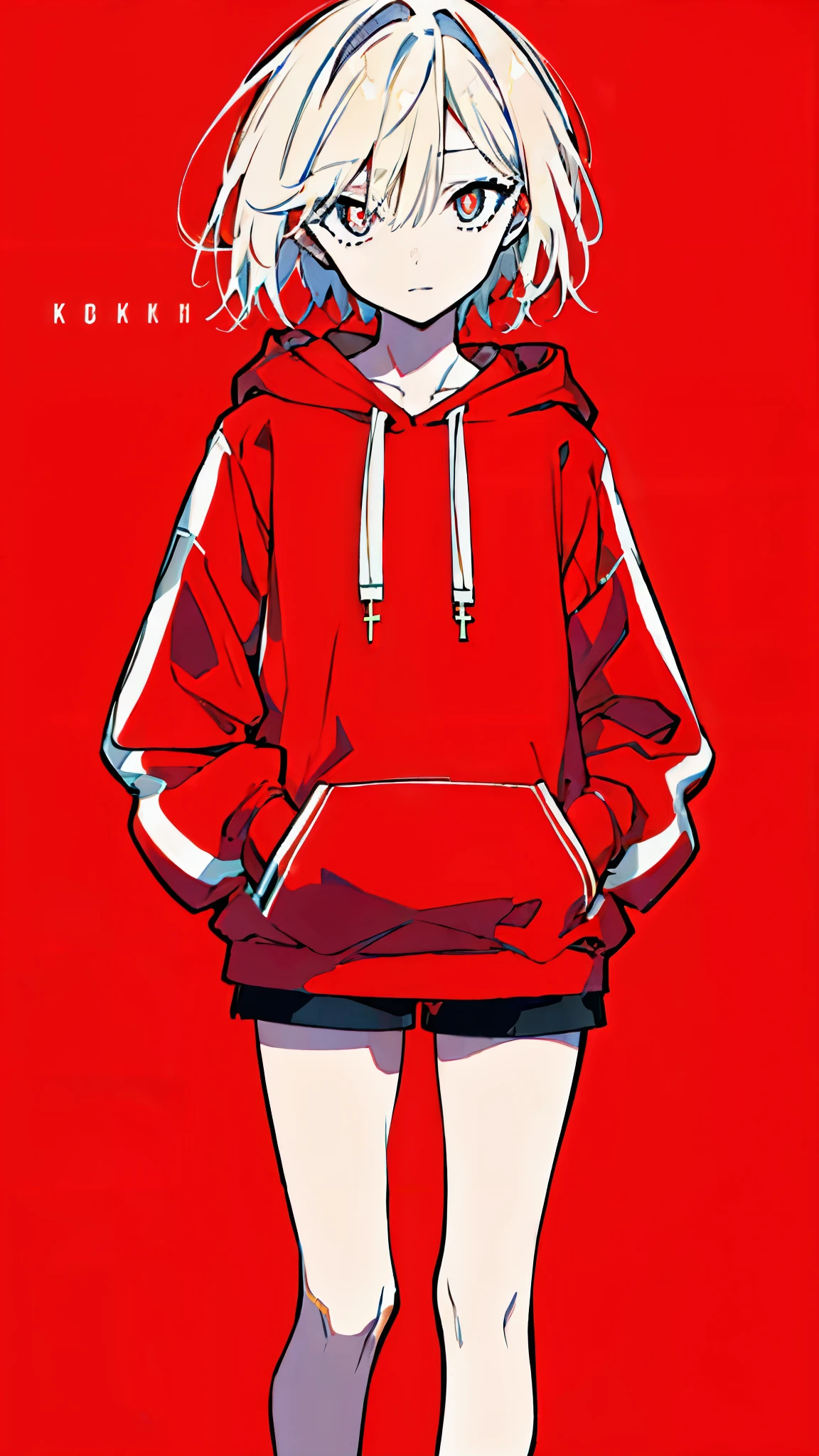 (masterpiece, highest quality:1.6), alone, thick outline, (simple background, bright red background, monochrome, bright red theme:1.2), official art, Key Visual, 8K, disorganized, whole body, (unique hair, Oversized Hoodies, hot pants, arch back, short torso:1.2), belly button, thighs, cowboy shot, HDR, sharp focus, High resolution, most detailed, very detailed, Super detailed, finely, detailed eyes and face, sharp pupils, realistic student, solo, contrast between red and white, solo, hands in pockets