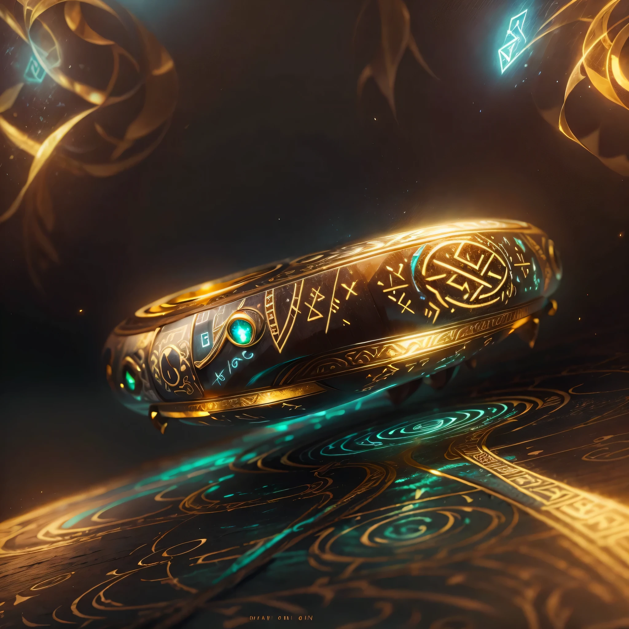 (Best quality,4K,a high resolution), foreground, glowing rune AI,round gold ring with fantastic magical atmosphere,elegant, with intricate glowing runic lines,shiny and eye-catching,runic ring with small, a sparkling rainbow-colored diamond on top,together we create a harmonious and charming design,revealing secrets and wonders with your radiant and gentle presence,bright colors, emphasizing your attractiveness,soft lighting, emphasizing its beauty.