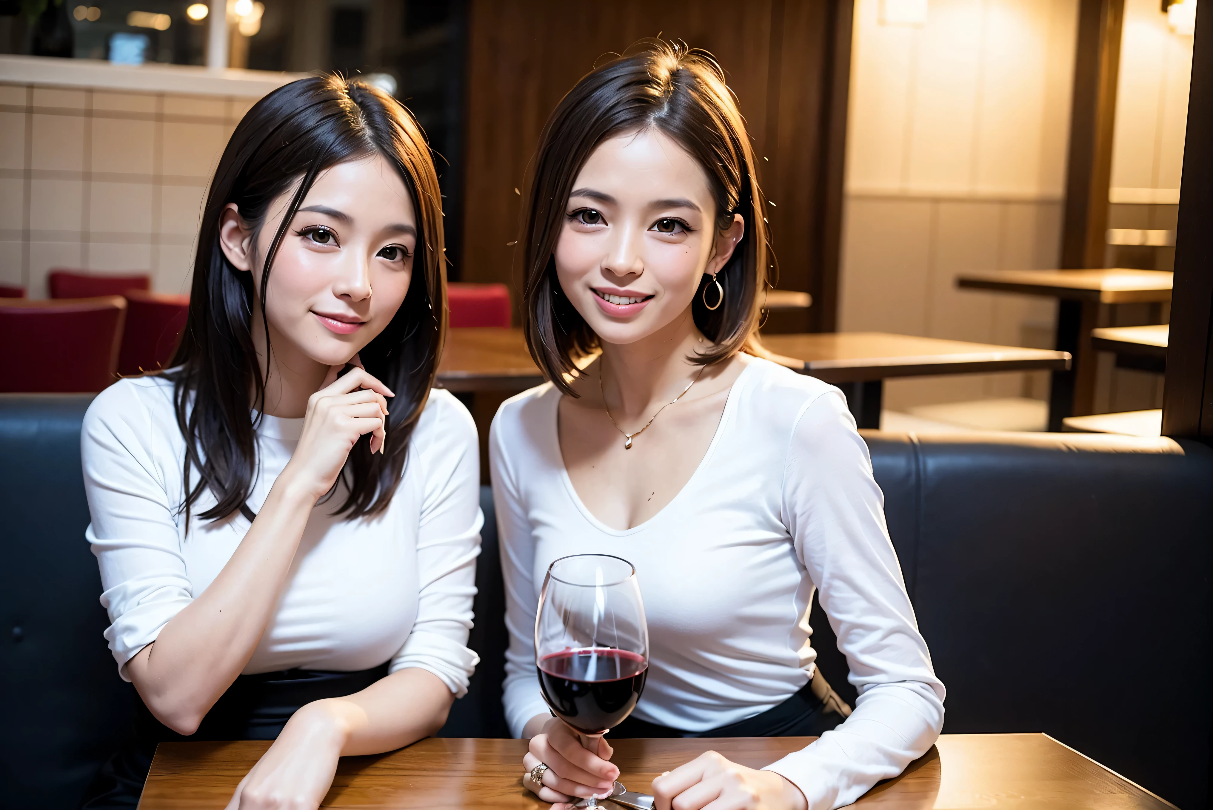 64k, UHD, highest quality, masterpiece: 1.2), (realistic, photorealistic: 1.37),5-people、やわらかなsmile、gentle expression、 Super detailed, celebration party、beauty、charm、beautiful mature woman、3 women who love wine、three men、Kobe、Yokohama、champagne、sparkling wine、winter night、restaurantでワイン宴会、(slimな男女4名),(Wine party for 5 people)、(slimフェイス),Happy、 最高なsmile、Fox Face、Berry Short、(because I'thin), (brown hair), (shortcut), long sleeve shirt、winter fashion、Colombia、Brazilian、Japanese、Dutch、German、Portuguese、Belgian、Italian、french, (gushing), (slimボティ), (brown hair), (shortcut), 端正なbeauty、cheeks blush a little, (41 years old), 38 years old, 35 years old、32 years old、 A beautiful and detailed night view spreads out outside the window........., restaurant, wine glassが座っている, At night, in a prominent place (from the Upper body) nova frog style, actress, model, Upper body, White wine, slim, wine glass, Very beautiful night view, wine glass Put in the Middle, Happy smile, (smile: 1.15),