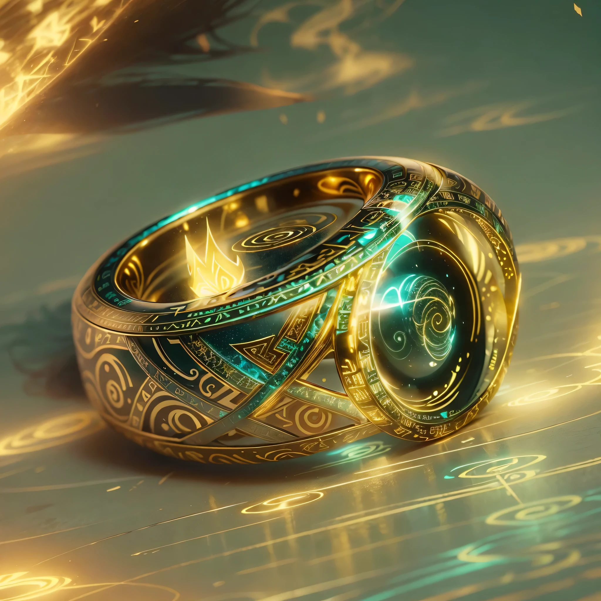 (Best quality,4K,a high resolution), foreground, glowing rune AI,round gold ring with fantastic magical atmosphere,elegant, with intricate glowing runic lines,shiny and eye-catching,runic ring with small, a sparkling rainbow-colored diamond on top,together we create a harmonious and charming design,revealing secrets and wonders with your radiant and gentle presence,bright colors, emphasizing your attractiveness,soft lighting, emphasizing its beauty.