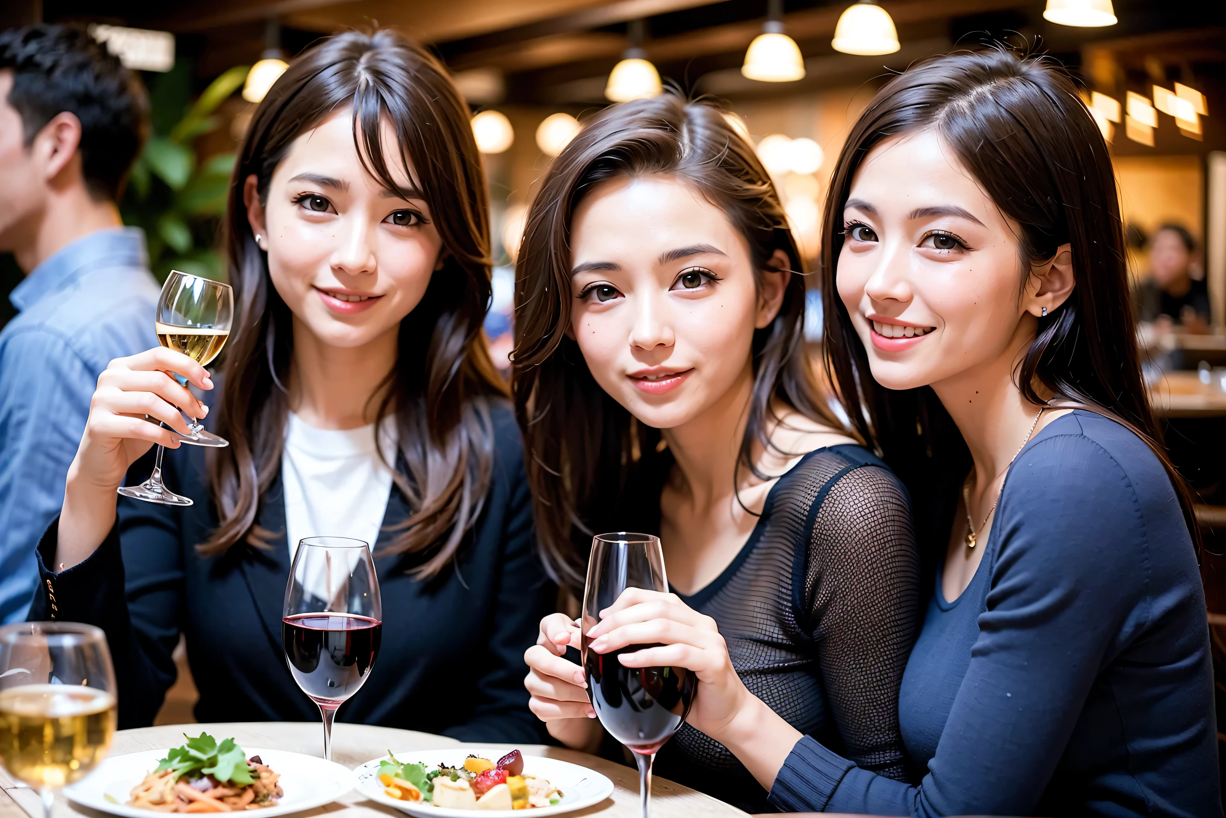 64k, UHD, highest quality, masterpiece: 1.2), (realistic, photorealistic: 1.37),5-people、やわらかなsmile、gentle expression、 Super detailed, celebration party、beauty、charm、beautiful mature woman、3 women who love wine、three men、Kobe、Yokohama、champagne、sparkling wine、winter night、restaurantでワイン宴会、(slimな男女4名),(Wine party for 5 people)、(slimフェイス),Happy、 最高なsmile、Fox Face、Berry Short、(because I'thin), (brown hair), (shortcut), long sleeve shirt、winter fashion、Colombia、Brazilian、Japanese、Dutch、German、Portuguese、Belgian、Italian、french, (gushing), (slimボティ), (brown hair), (shortcut), 端正なbeauty、cheeks blush a little, (41 years old), 38 years old, 35 years old、32 years old、 A beautiful and detailed night view spreads out outside the window........., restaurant, wine glassが座っている, At night, in a prominent place (from the Upper body) nova frog style, actress, model, Upper body, White wine, slim, wine glass, Very beautiful night view, wine glass Put in the Middle, Happy smile, (smile: 1.15),
