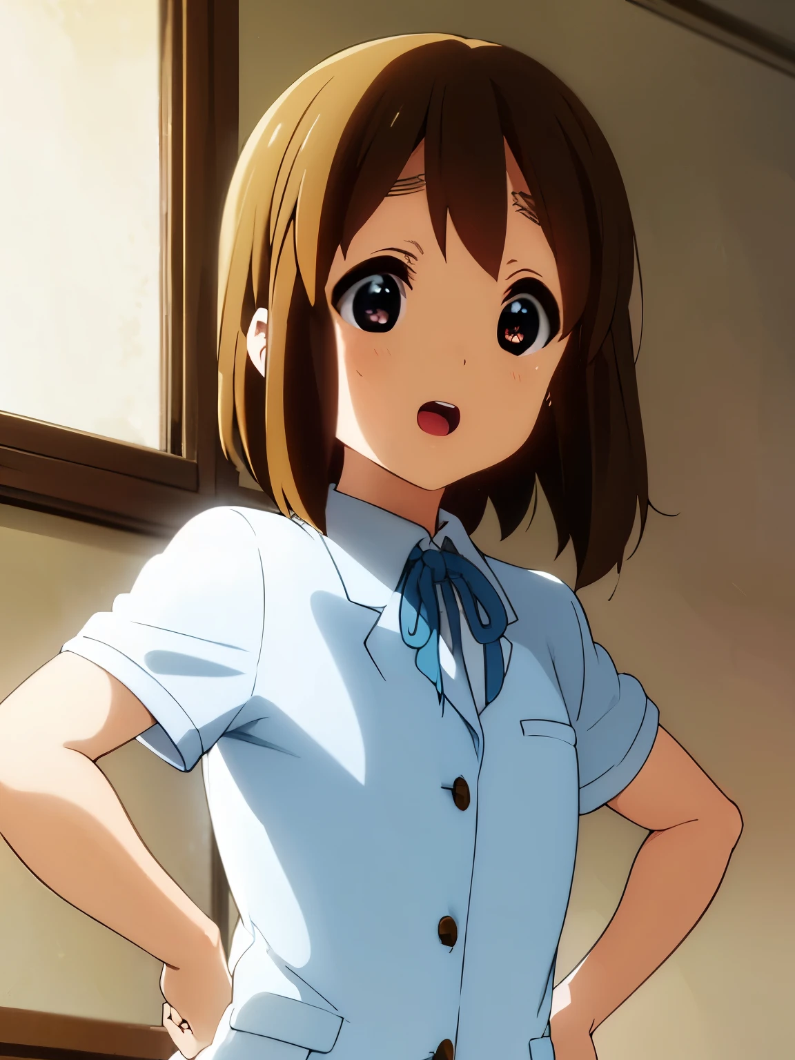 1girl, (((​masterpiece))), top-quality, top-quality, High Details, hirasawa yui, 1girl, Sakuragaoka High School Uniform, student clothes, Twin-yellow hairpin, short hair, A brown-haired, brown-eyed, 独奏, reddish, Dark blue blazer with thin blue ribbon, Solid white buttoned shirt under blazer, illustratio, comic strip, soothing tones, Subdued Color, Soft cinematic light, adobe lightroom, photolab, HDR, intricately and hyper-detailed、(((depth of fields))))。(((​masterpiece)))。(((top-quality))).)((ultra-detailliert)))。(((illustratio)))。(((takeout))).dynamic focus.big breasts.(((Skyscrapers))).(((A city scape))).(((Face of happy))). open mouth.(((put hands on the hip))).(((up chest))).((morning glow)).((the setting sun)).